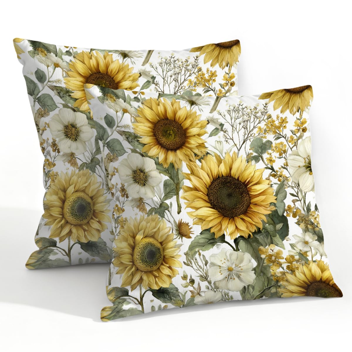 Outdoor Pillow Covers Waterproof Pillowcases 22x22in Set of 2 Retro Watercolor Sunflowers Floral Decorative Throw Cushion Case for Couch Sofa Garden Patio Furniture
