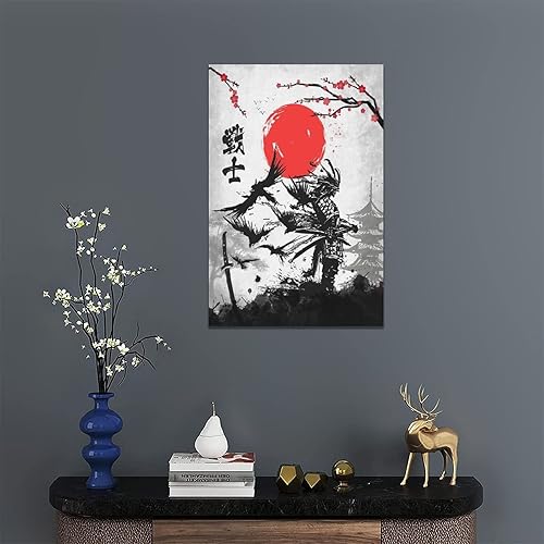 Miniatura 6 de banonaty Arte de pared japonés Samurai con diseño de cerezo en flor, impresiones en lienzo de guerrero, póster enmarcado, pinturas artísticas,