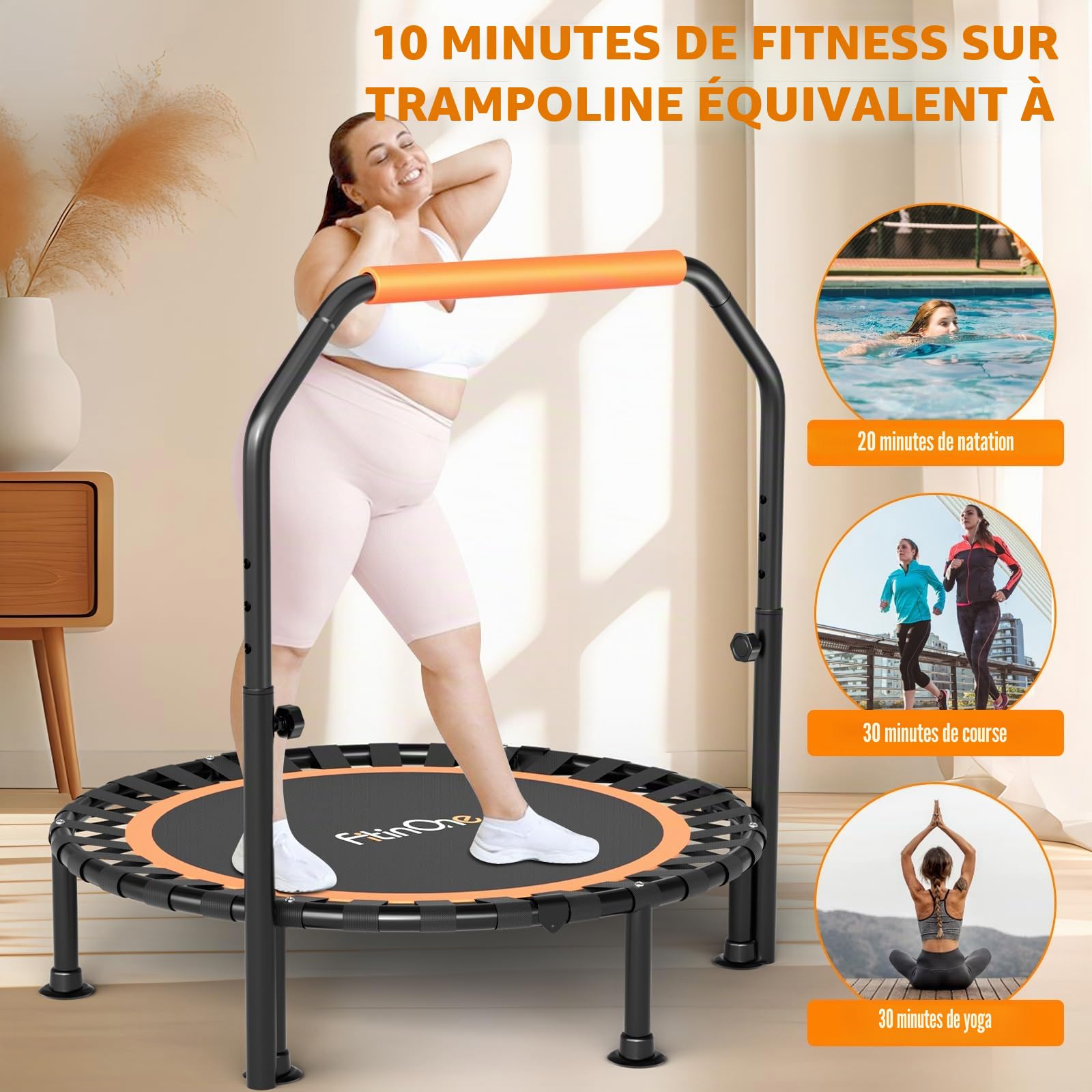 FitinOne Mini Trampoline Pliable de Charge de 204 kg, Trampoline d'exercice Portable avec poignée en Mousse réglable, Trampoline de Fitness pour Adultes et Enfants