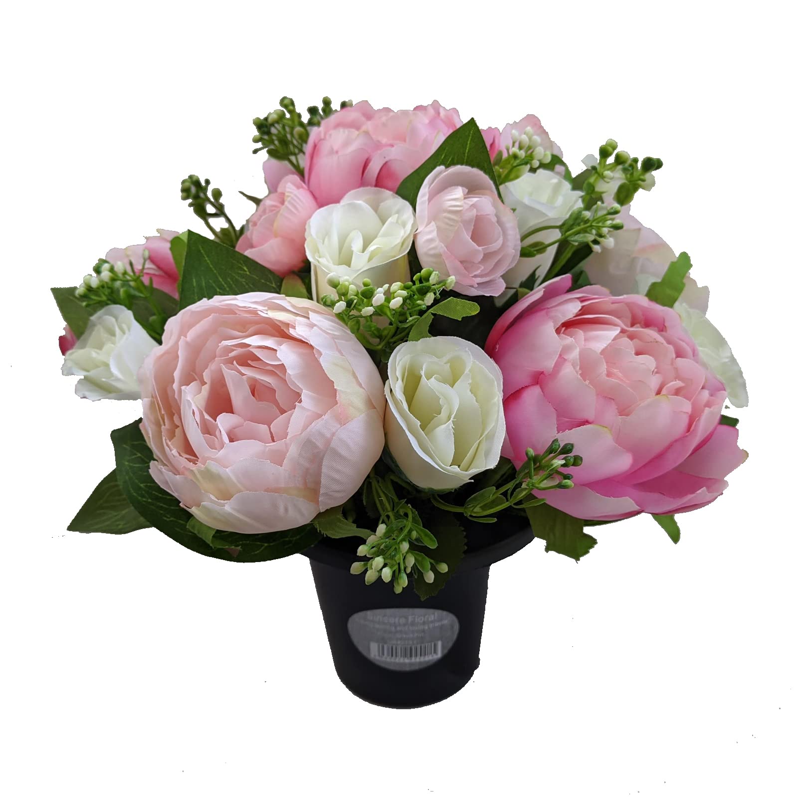 Permabloom Artificial Peony & Rosebud Flowers in Crem Grave Pot - Memorial Insert (Pink)