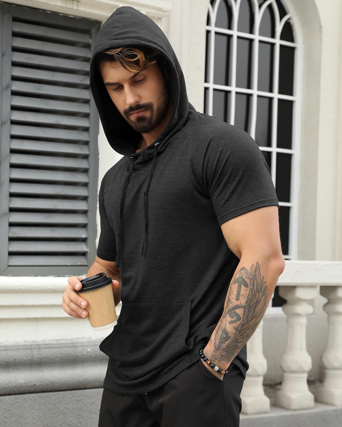 Aiyino Men's Short Sleeve Hoodie Workout Gym Sweatshirt Muscle Fit Fashion Athletic Hoodies Pullover Hooded T-Shirts - Image 4
