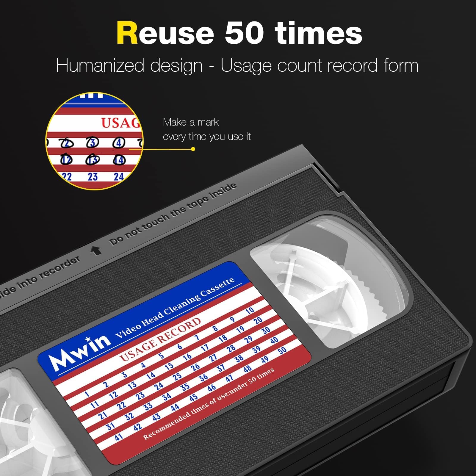 Mwin VHS Video Head Cleaner per VHS/VCR Players, tecnologia a secco - Nessun fluido richiesto riutilizzabile 50 volte
