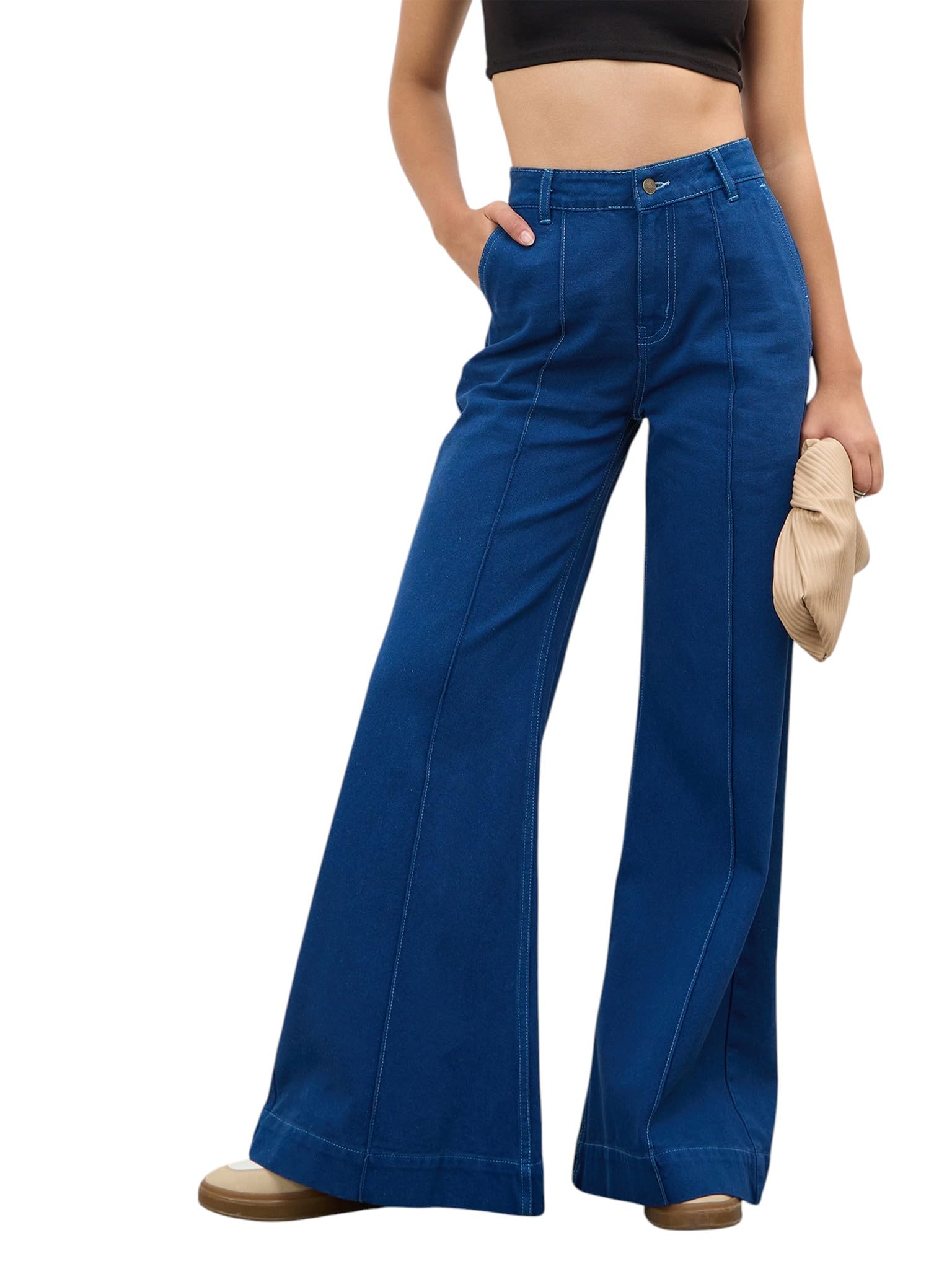 sassafras Women's Wash Front Seam Bell Bottom Jeans-picture-33