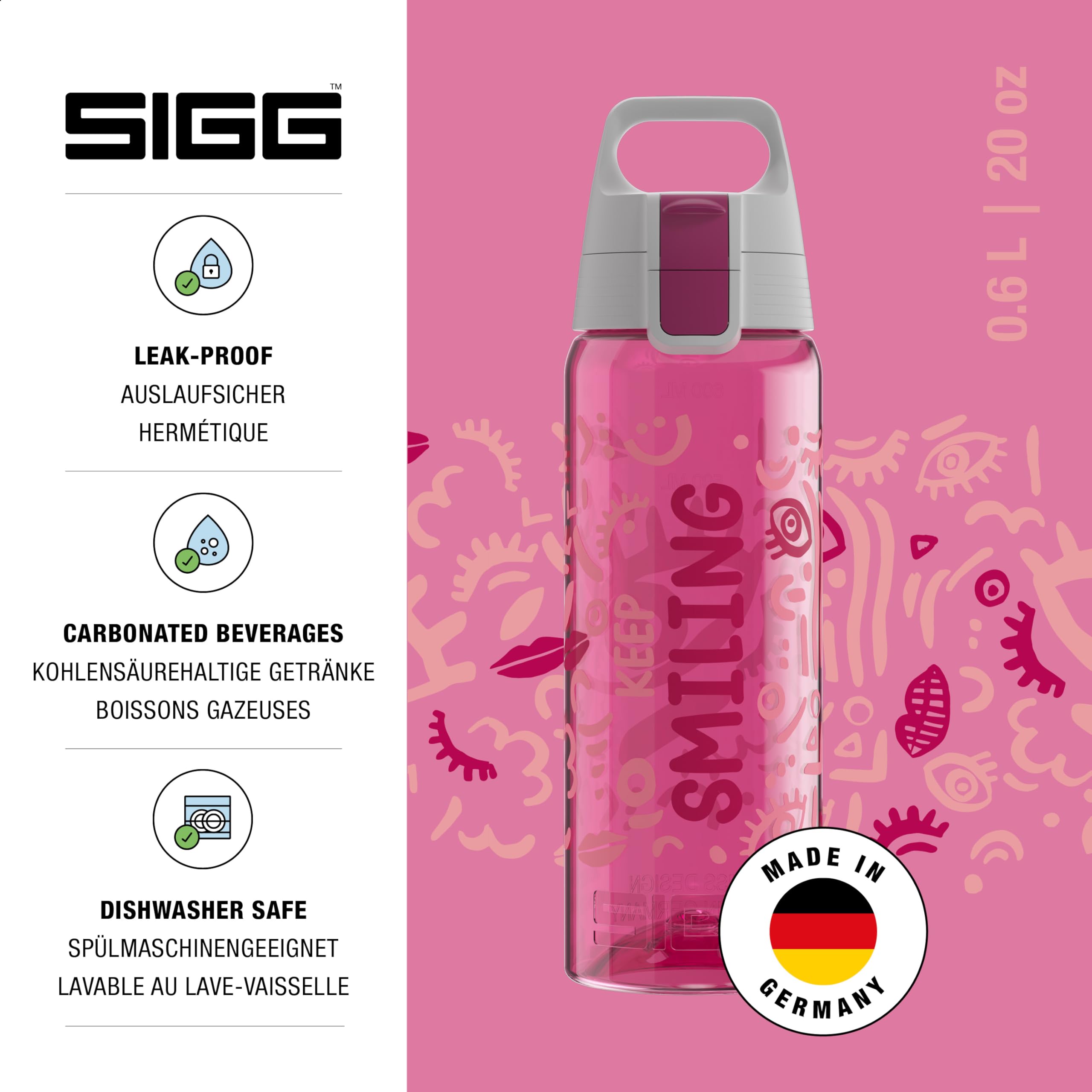 SIGG - Butelka na napoje Tritan – Total Color ONE Keep Smiling – nadaje się do napojów gazowanych – nadaje się do mycia w zmywarce – szczelna – lekka, nie zawiera BPA, kolor różowy, 0,6 l