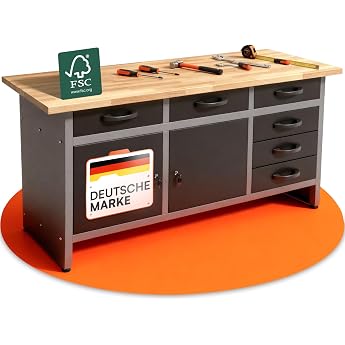 Ondis24 Karsten Workbench Packing Table 6 Drawers Workshop Equipment 160 x 60 x 85 H cm Beech Wood Worktop Metal Maximum Load 510 kg