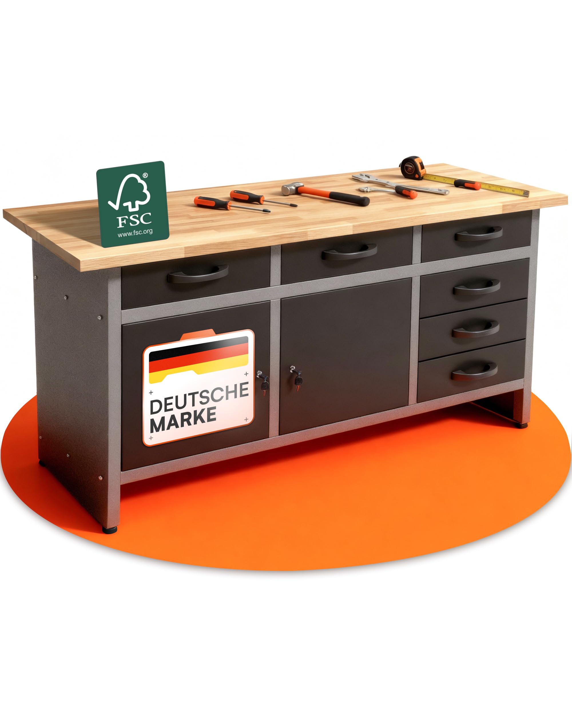 Ondis24 Werkbank Karsten Werktisch Packtisch 6 Schubladen Werkstatteinrichtung 160 x 60 x 85 (H) cm Buchenholzarbeitsplatte, Metall bis 510kg belastbar