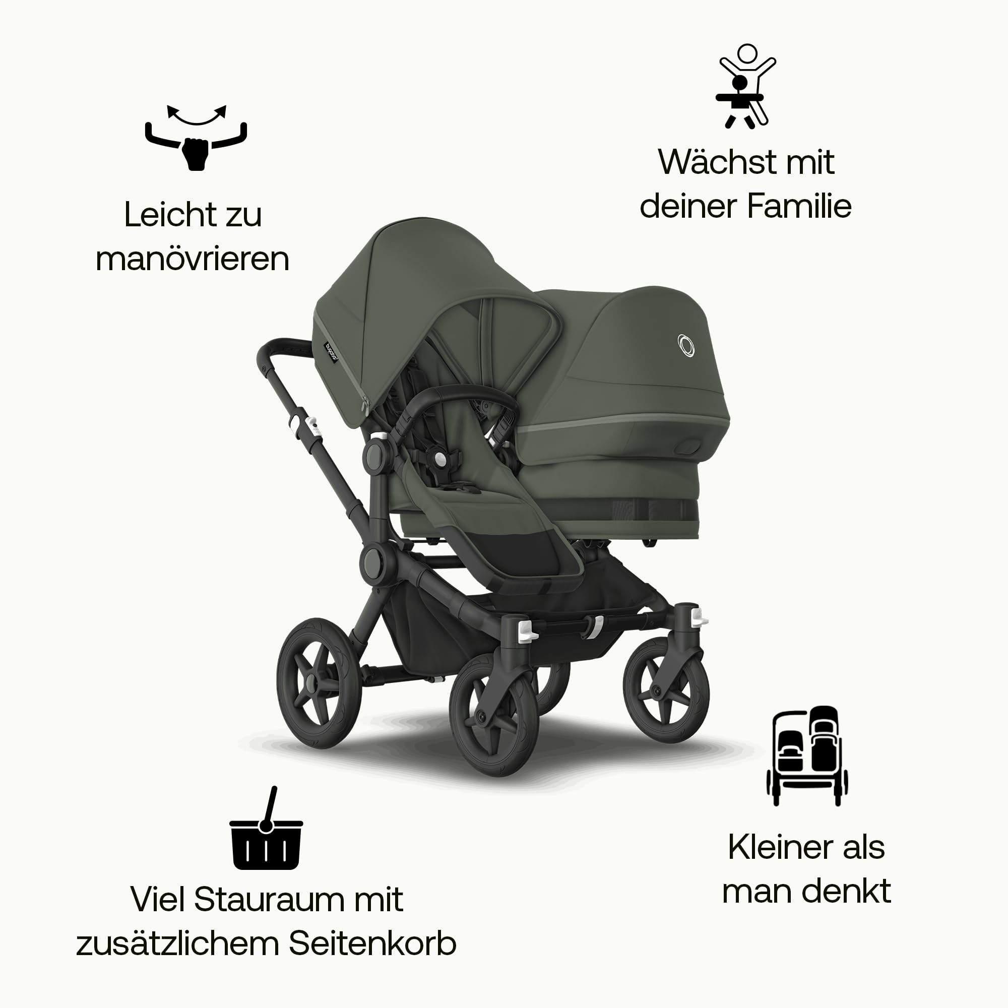 Bugaboo Donkey 5 Duo Erweiterungsset, verwandelt Donkey 5 Mono in Doppelkinderwagen, Side By Side-Design, wendbarer Sitz, Ein-Hand-Lenkung, Forest Green