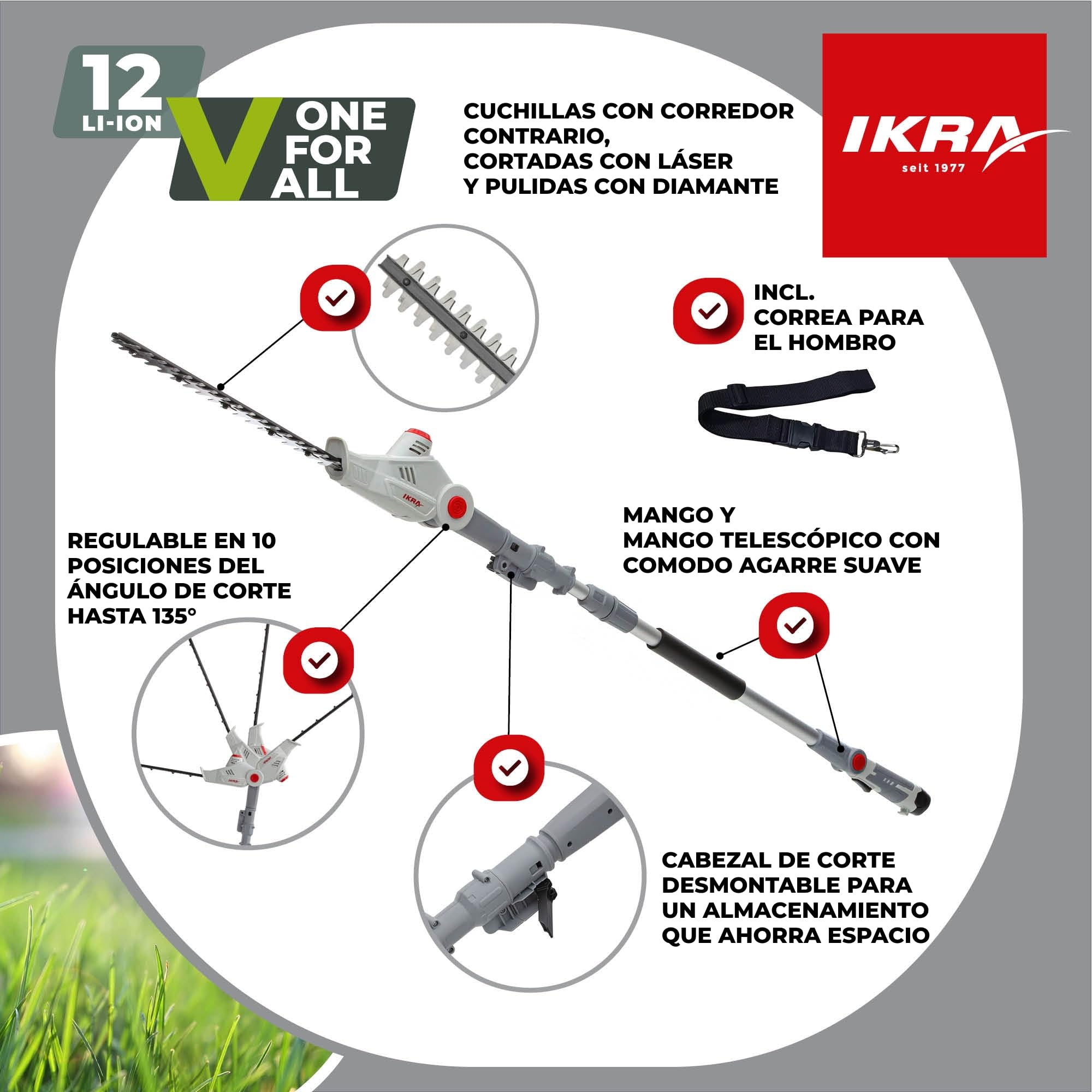 IKRA Cortasetos telescópico IATHS 1241, con batería, Cargador y Gafas | Telescópico 1,80 m - 2,35 m, longitud de corte 41 cm, ajuste del ángulo de corte hasta 135°, gama de baterías de 12 V de IKRA