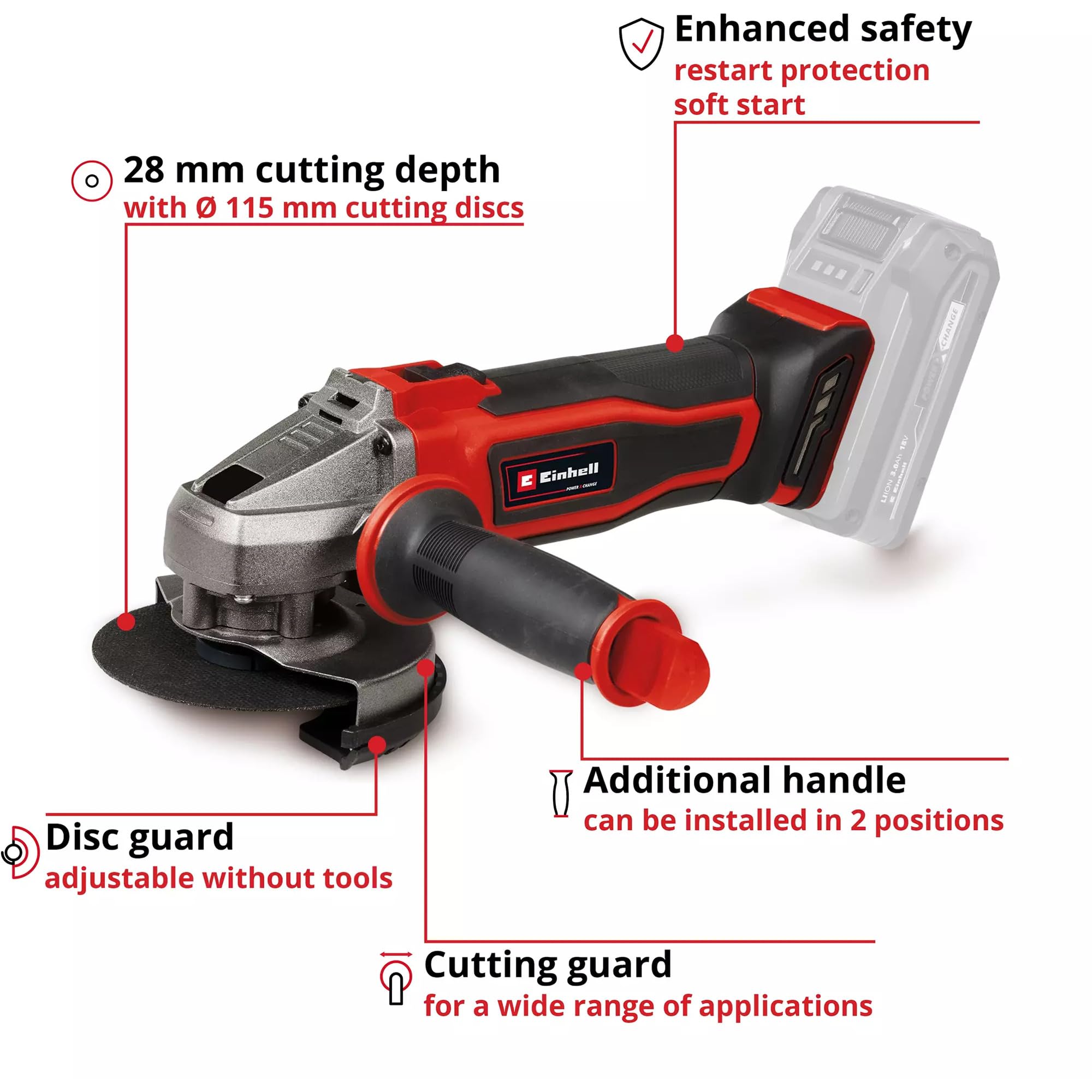 Einhell Bezprzewodowa szlifierka kątowa Ø115mm TE-AG 18/115-2 Li Solo Power X-Change (18 V, głębokość cięcia 28 mm) Dostawa bez baterii i ładowarki