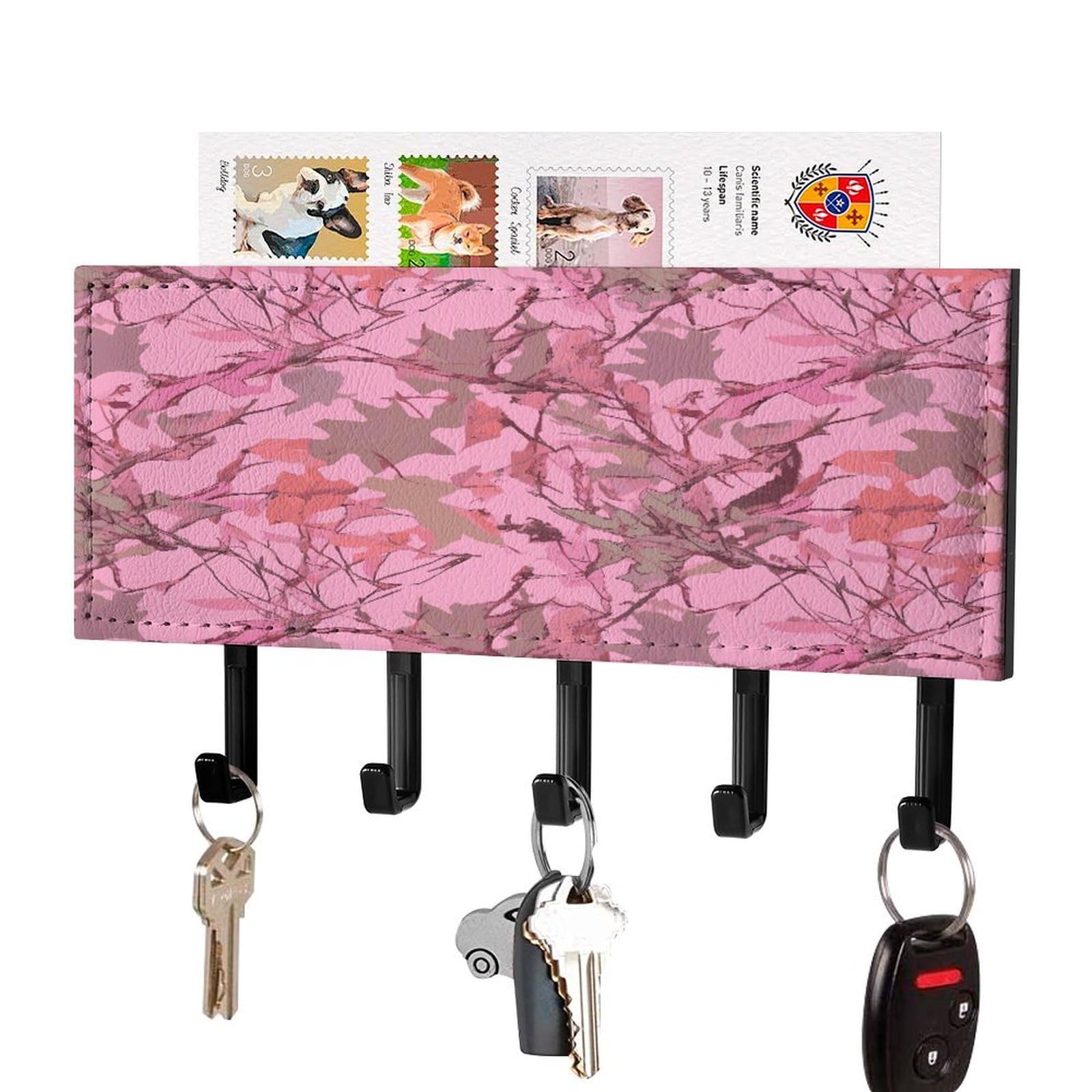 Fekiloot Black-Style Pink Leaves Camo Key Holder For Wall Decorative Mail Organizer With 5 Key Hook Self Adhesive Key Rack With Tray Coat Rack Wall Mount Key Hanger Decor For Entryway Door