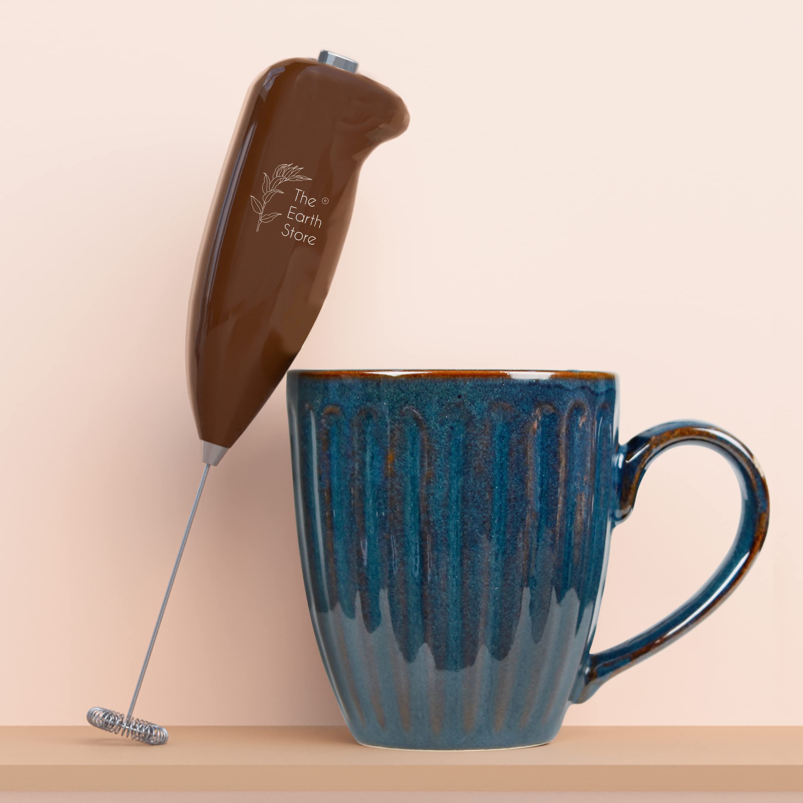 The Earth Store Combo Pack of 1 Glam Studio Blue Ceramic Coffee Mug with 1 Electric Handheld Coffee/Milk Frother