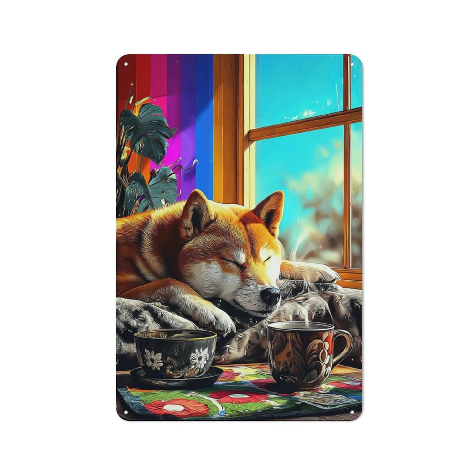 Cozy Morning with Shiba Inu Shed Style Metal Wall Decor 30x20cm, Tin Sign for Conservatory, Home Bar Or Utility Room
