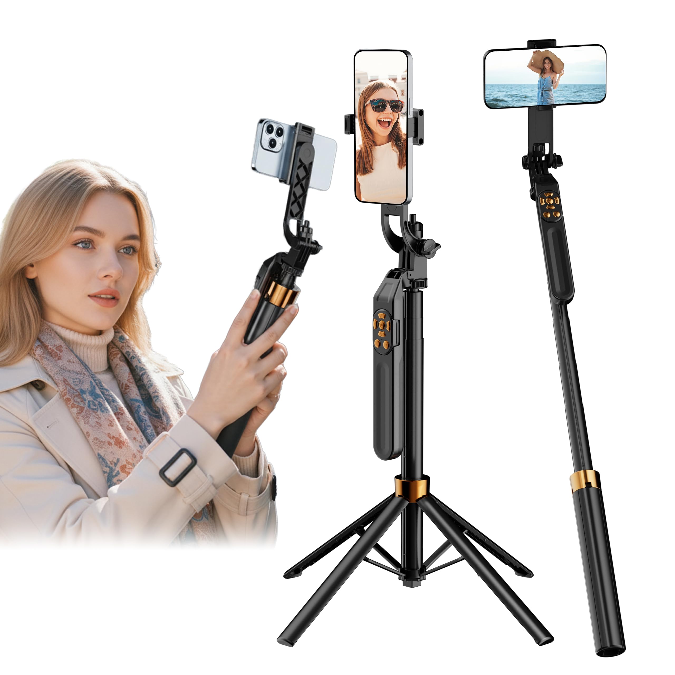 Gworld 67 Extendable Selfie Stick Tripod Heavy Duty 4-Leg Base with Anti-Shake 360 Rotation Wireless Remote Selfie Stick