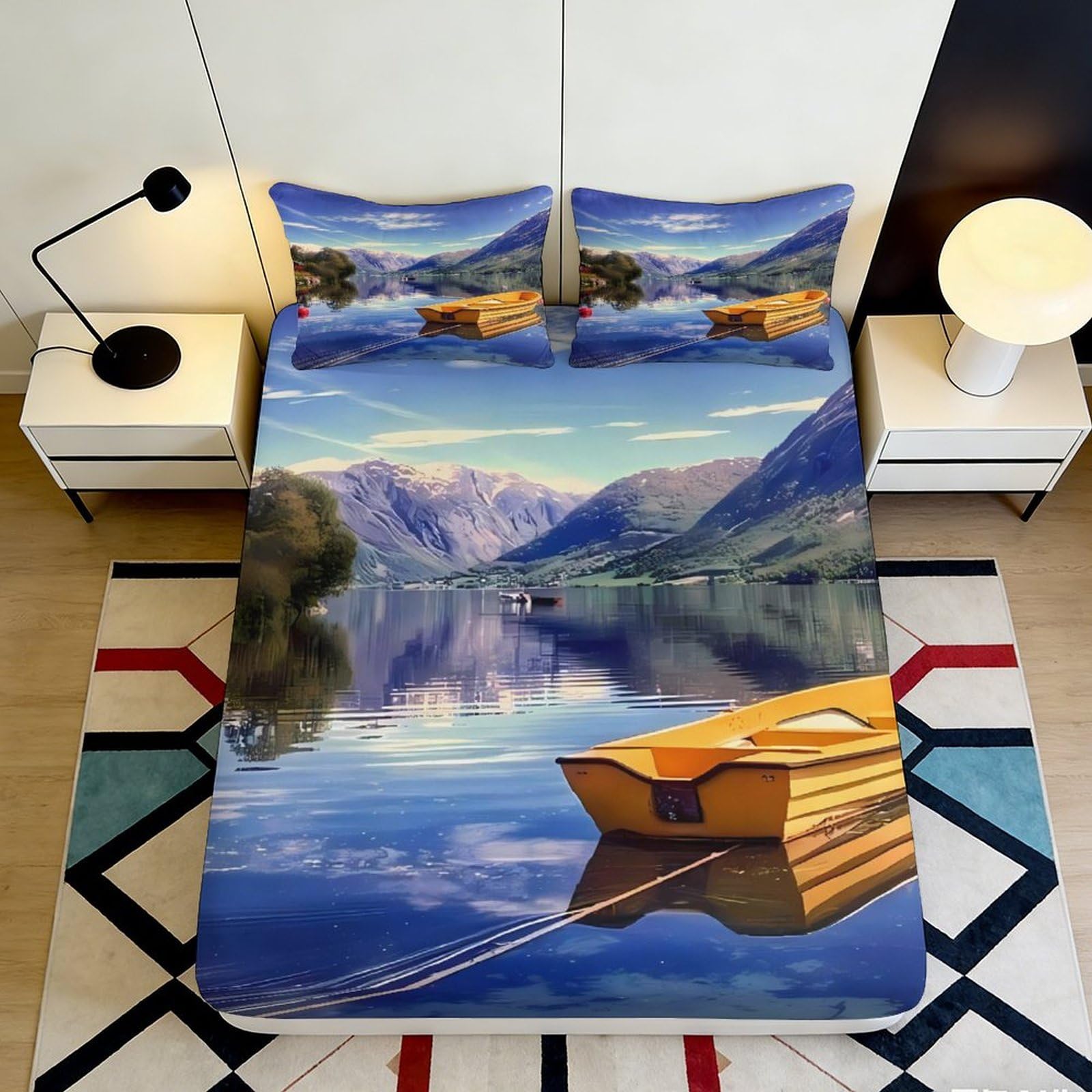 3D Printed Mountain Lake View Fitted Sheet Microfiber Soft Artistic Boat Bed Cover for Bedroom Dorm Protection Decor 90x200x25cm