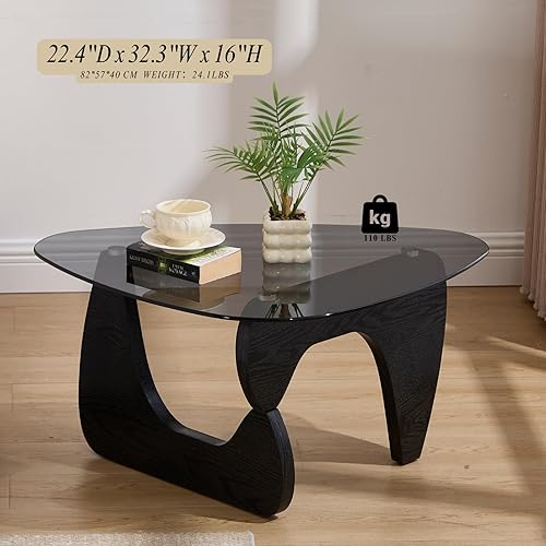 Miniatura 8 de LukeAlon Mesa auxiliar triangular moderna color negro y gris, parte superior de vidrio templado y base de madera, mesa auxiliar geométrica abstracta