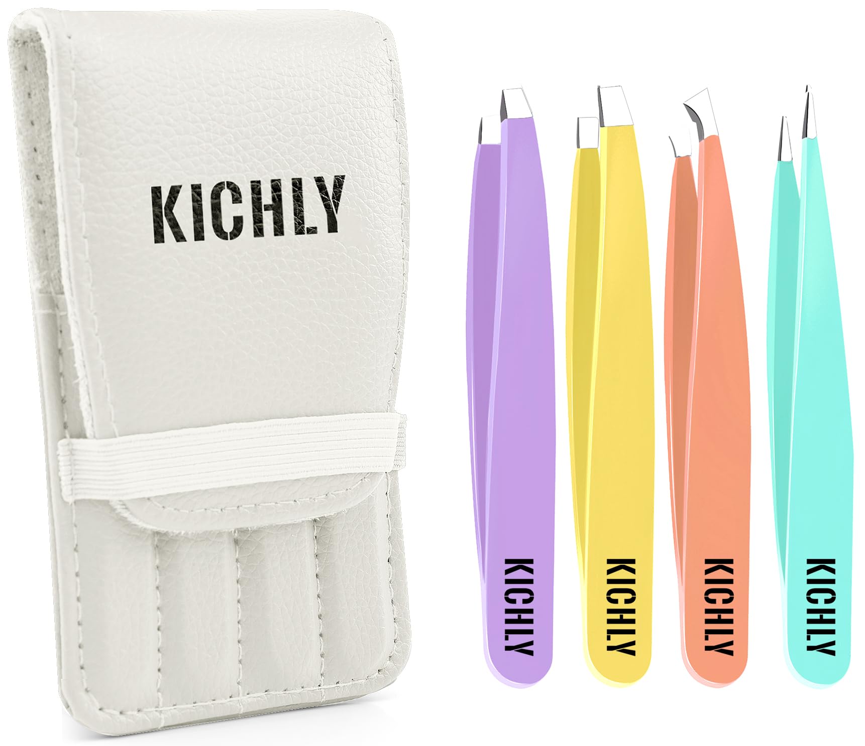 KICHLY Pinzas profesionales de acero inoxidable para cejas - Juego de 4 pinzas de precisión para eliminar pelos encarnados, vello facial, astillas, puntos negros y garrapatas (multicolor)