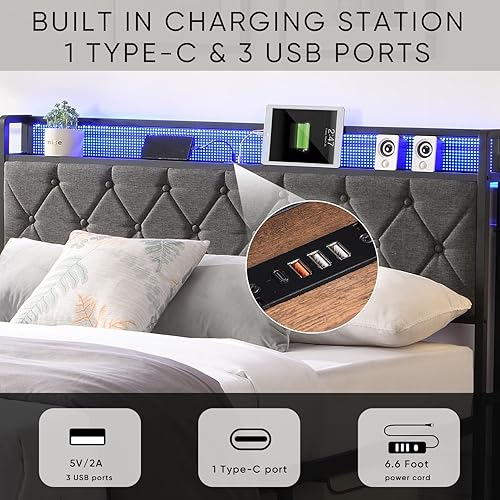 Miniatura 10 de Base de cama LED King con cabecera de almacenamiento, plataforma tapizada con estación de carga y luces LED, listones de metal pesado, no necesita