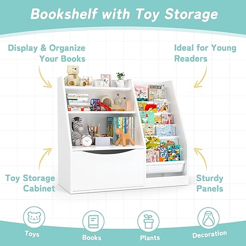 Miniatura 8 de TOETOL Estantería y almacenamiento de libros para niños, estantería de madera de 3 niveles para niños, estantes de libros para guardería con 6