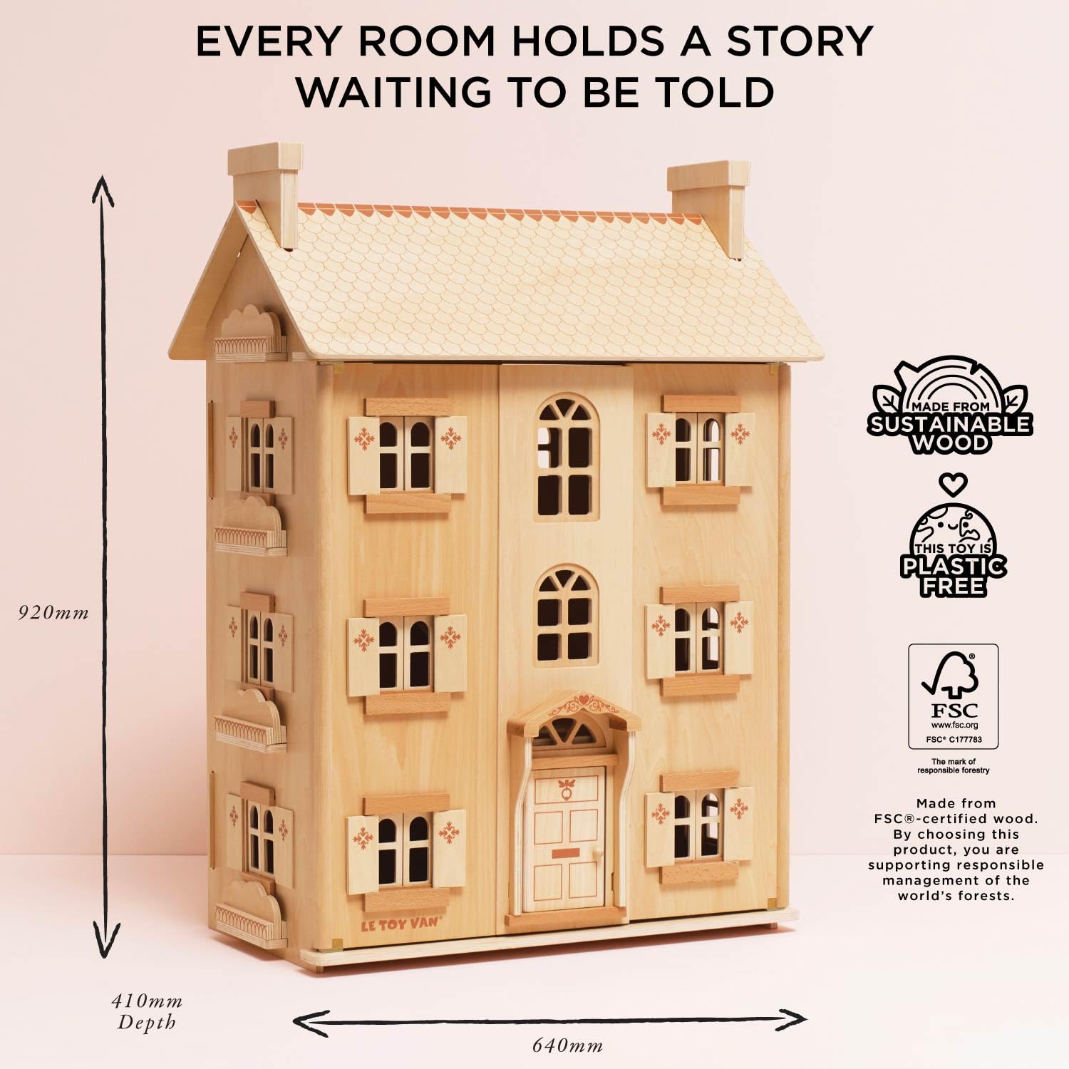 Casa delle Bambole in Legno Naturale FSC - 4 Piani con Finestre e Porte Apribili - Gioco di Ruolo e Fantasia per Bambini