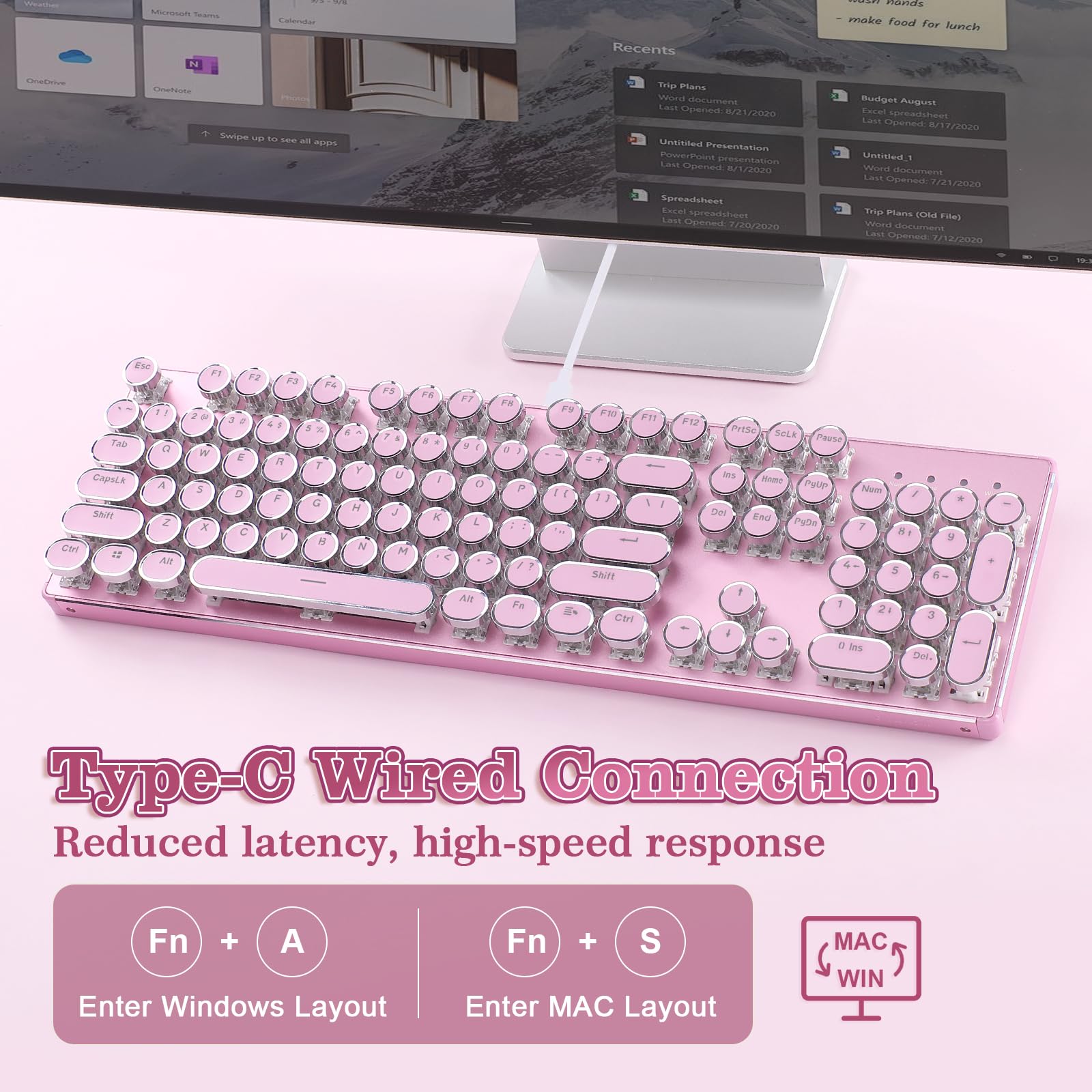 YUNZII QL108 Teclado Mecánico Retro con Cable para Gamer (Rosa, Onyx Gray) | 100 % Hot-Swap, Retroiluminación RGB, Panel Metálico de Estilo, US ANSI, Teclas Redondas para Windows/Mac