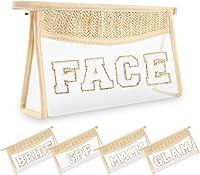 Vista 15 de Pequeñas bolsas de maquillaje transparentes de paja bohemia para mujeres y niñas, bolsa de cosméticos con cremallera de chenilla, bolsa de parche