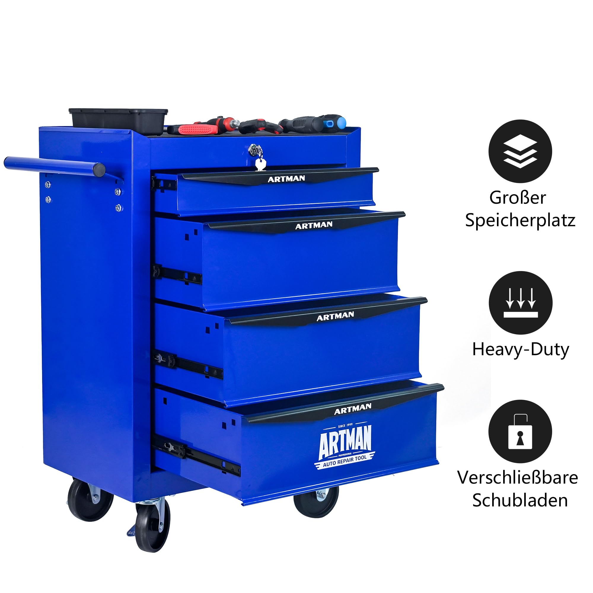 Rolling Metall-Werkzeugkiste con Steel, 4 Cassetti e Ruote con Freno, Armadio per Attrezzi 20" con Guide a Sfere, Organizzatore Garage e Officina, Nero e Blu, 52.4 x 33 x 65.6 cm