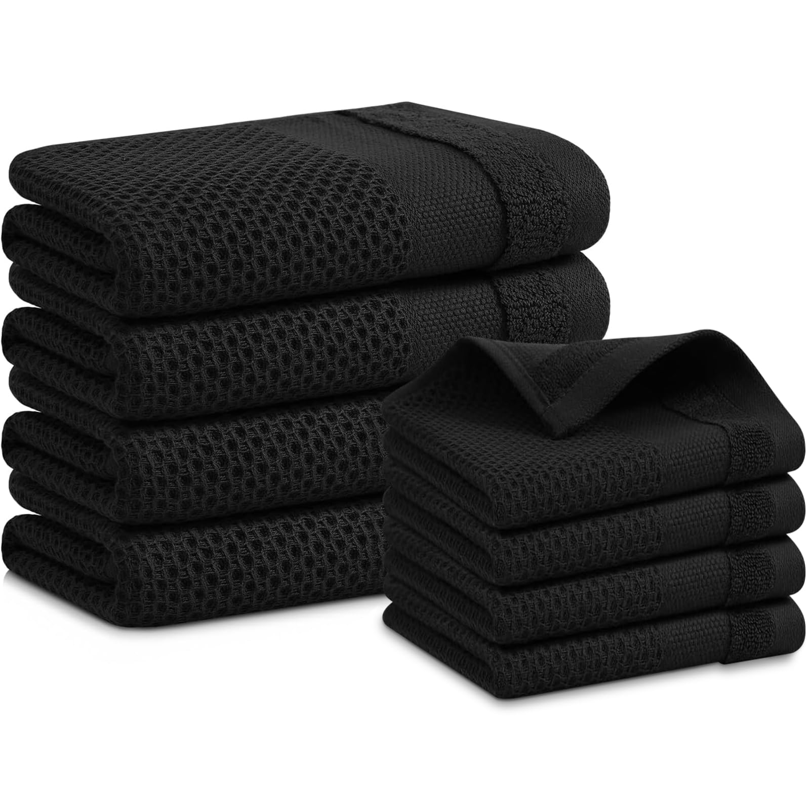 Homaxy Kitchen Towels and Dishcloths Set, 12 x 12 and 13 x 28 Inches, Set of 8 100% Cotton Waffle Weave Kitchen Towels, Super Soft and Absorbent Dish Cloths, Black