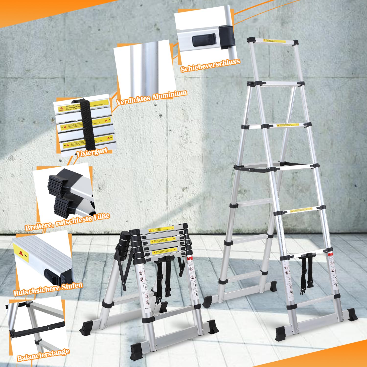 Eulenke Scala telescopica 2 m + 2, 3 m, scala alluminio 6 + 7 gradini A, scala retrattile con barra di bilanciamento portata 150 kg, scala pieghevole, scala allungabile argento