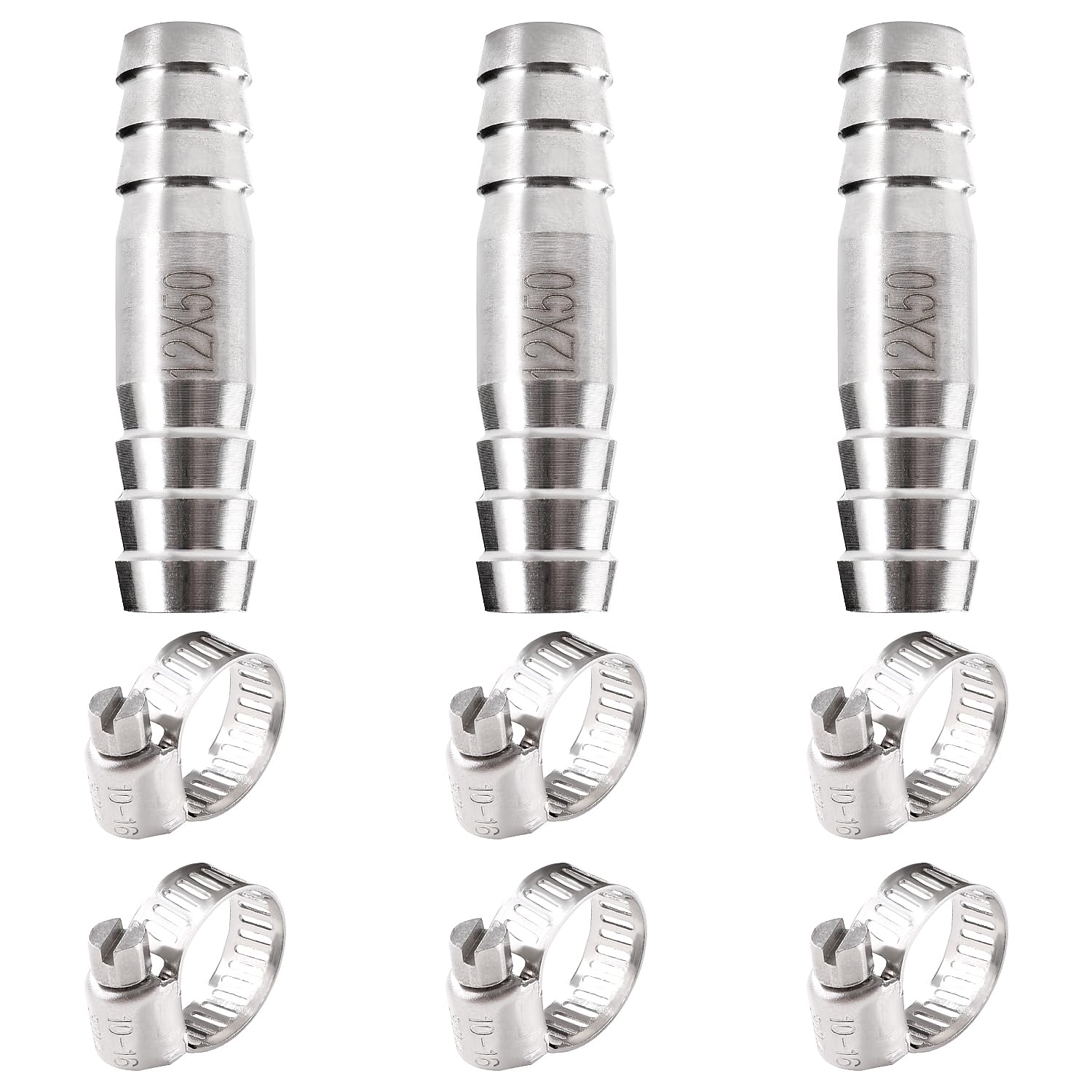 Lyeteung 3 PCS 12mm Straight Hose Fitting, Stainless Steel Hose Barb Connector, 2 Way Hose Barb Straight Connector, with 6 PCS Clamps, for Air Gas Water