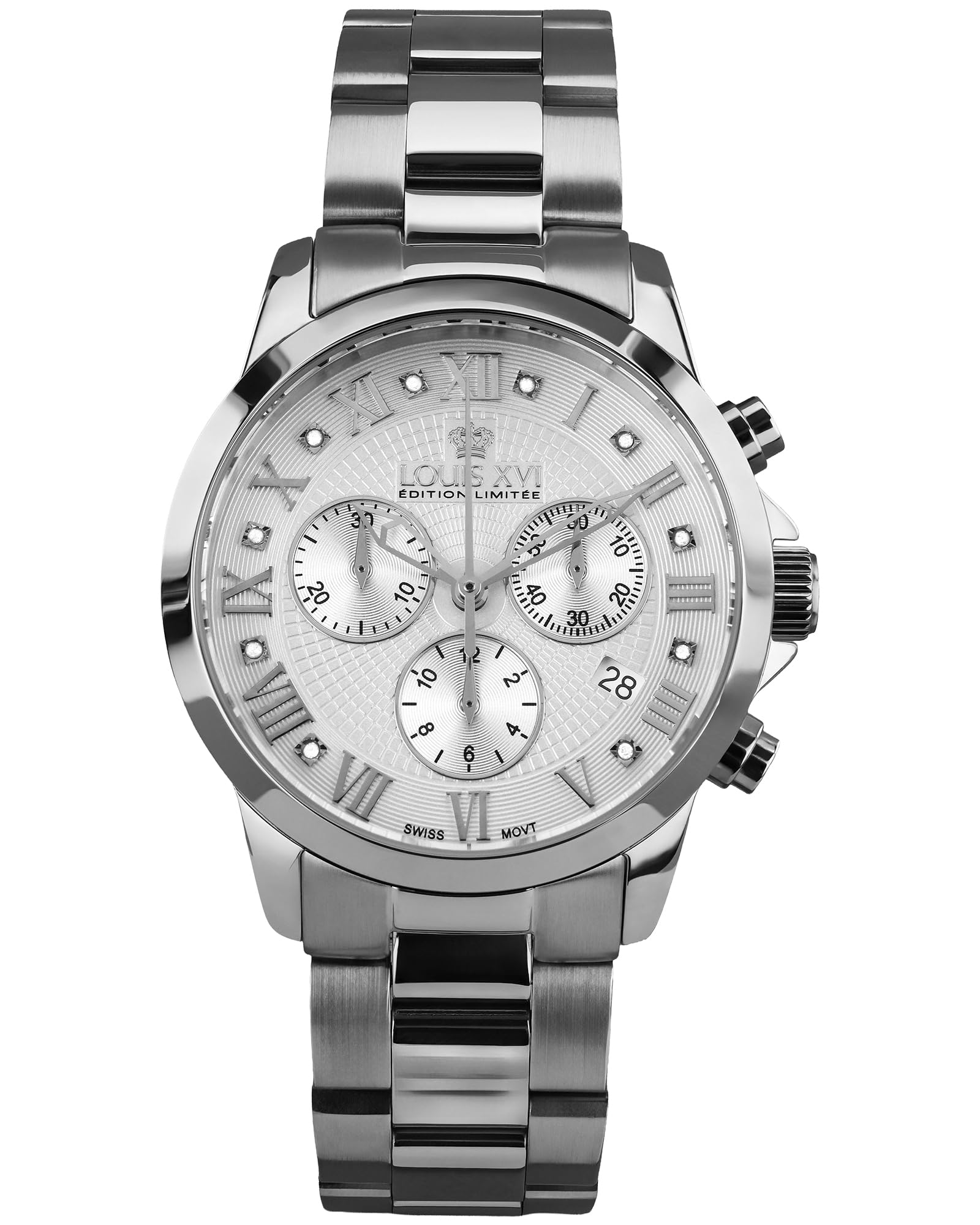 LOUIS XVI Damen-Armbanduhr Athos Pour Femme Stahlband Silber Weiss echte Diamanten Chronograph Analog Quarz Edelstahl 516
