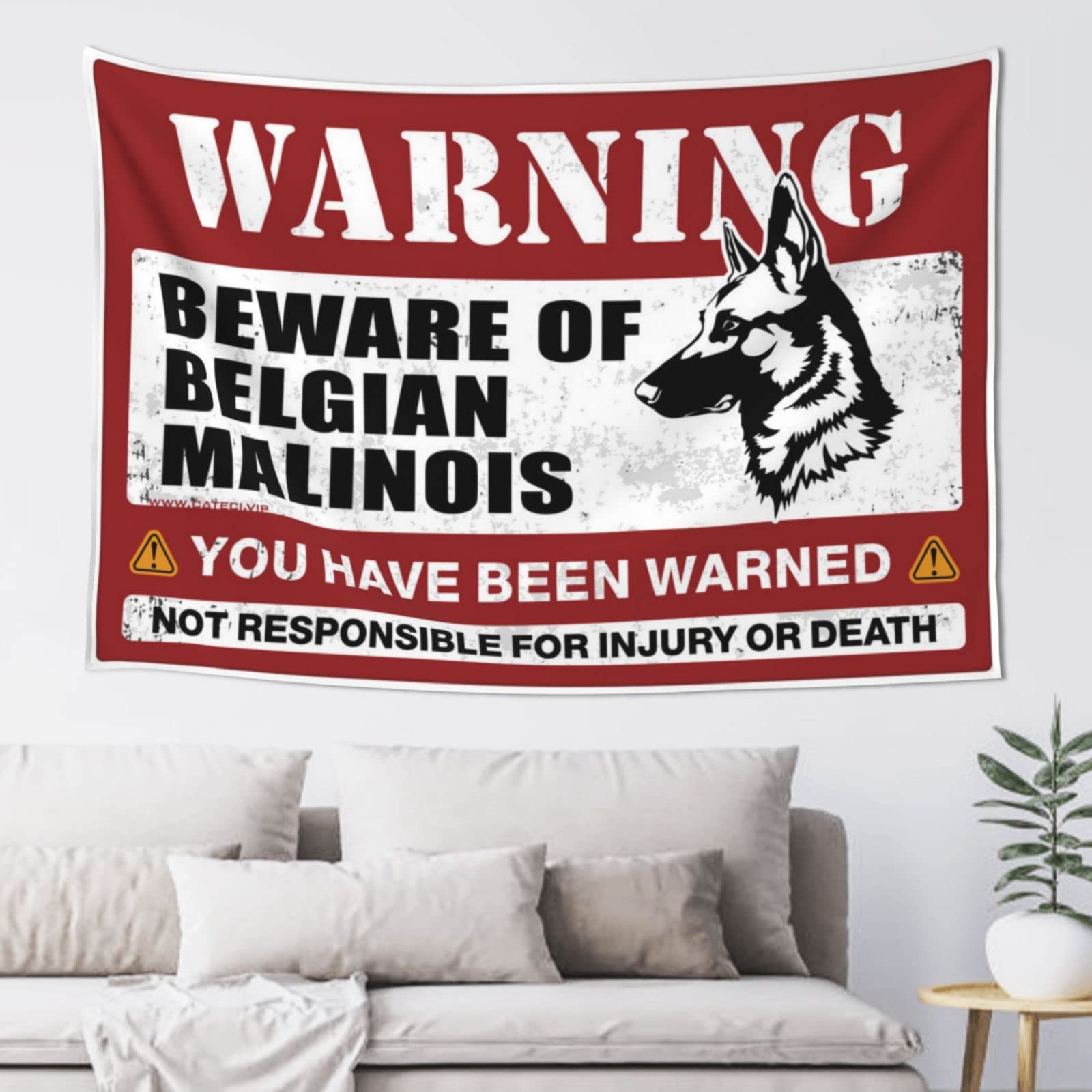 PRAVOXI Home Bar Decor Beware Of Belgian Malinois Tapestry Aesthetic Tapestry Room Door Decor(100X150CM)