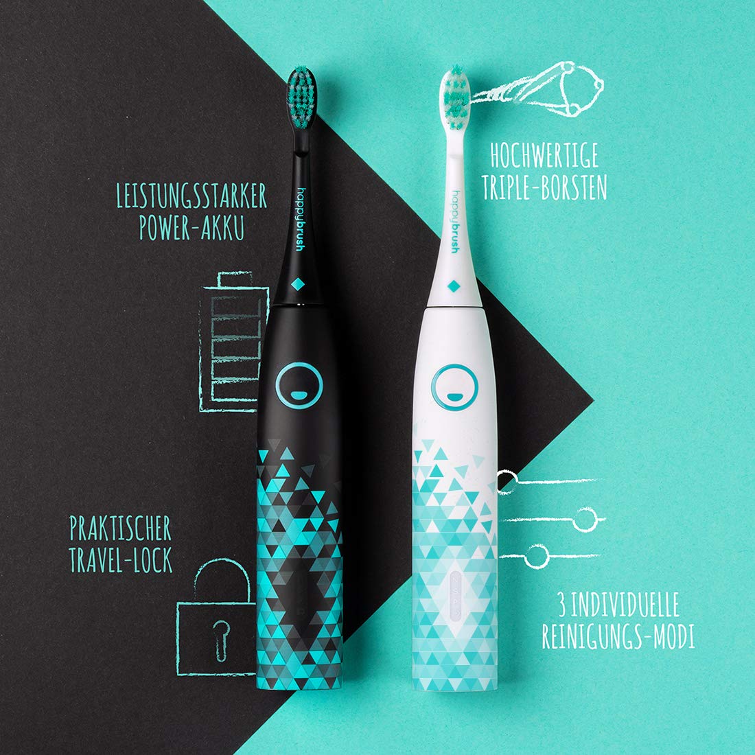 happybrush® Elektrische Schallzahnbürste | Elektrische Zahnbürste Schall VIBE 3 Schwarz mit Aufsteckbürste (-)