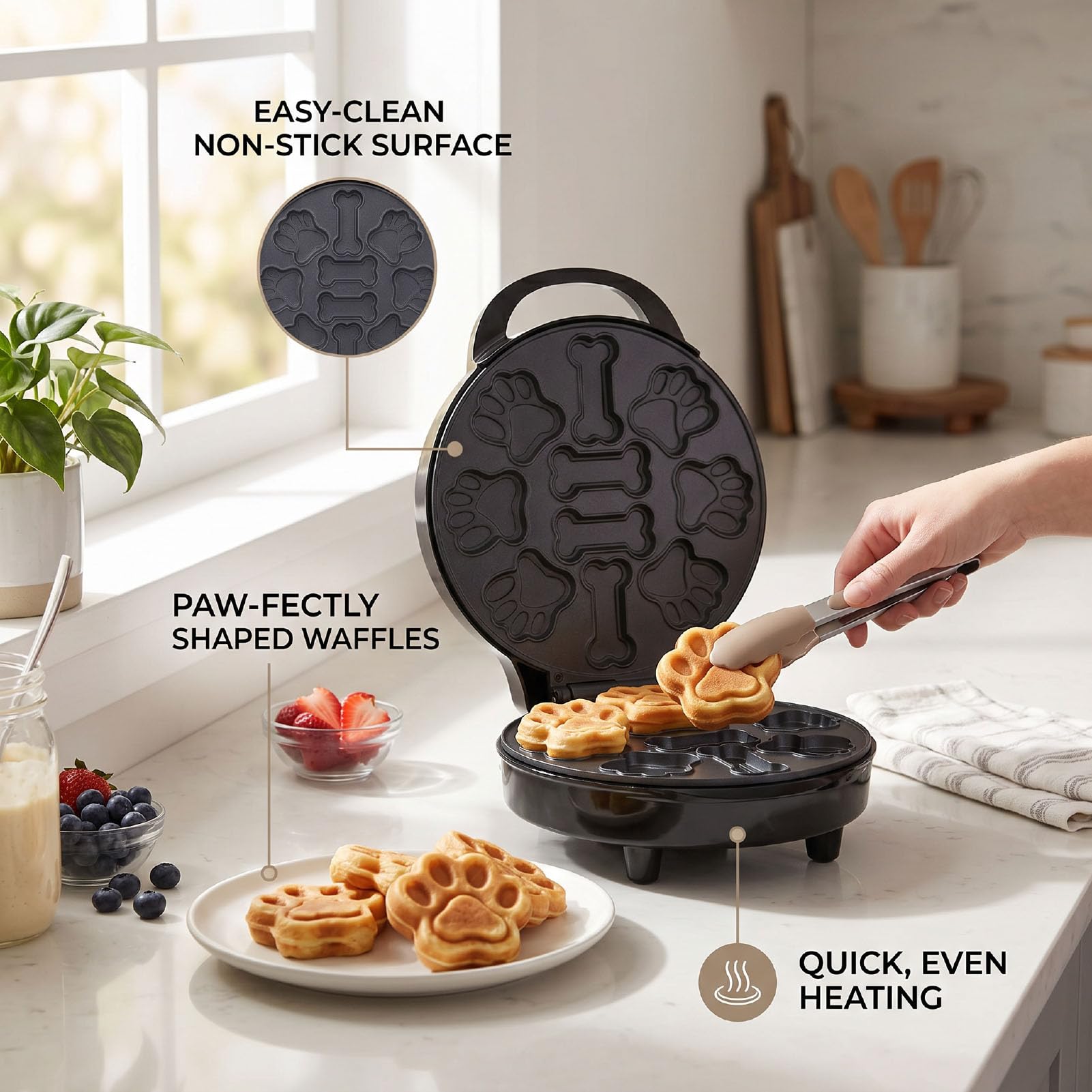 AMONIDA Macchina per Waffle Elettrica da 900W per Proprietari di Animali Che Preparano Premi Casalinghi Cani Cuoce 10 Spuntini con Forme Divertite Veloce Rivestimento Antiaderente (Spina europea 220