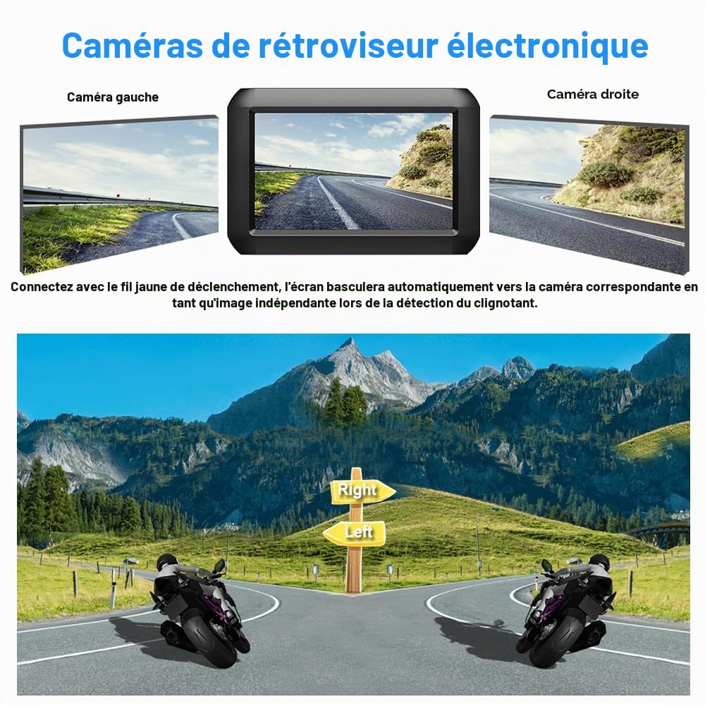 VSYSTO Moto Caméra de recul,4'' écran WiFi Moto Dash Cam avec TPMS GPS HD 1080P Avant et 720P caméra Gauche et Droite, Mode Assistant téléphone capteur de température Surveillance de stationnement