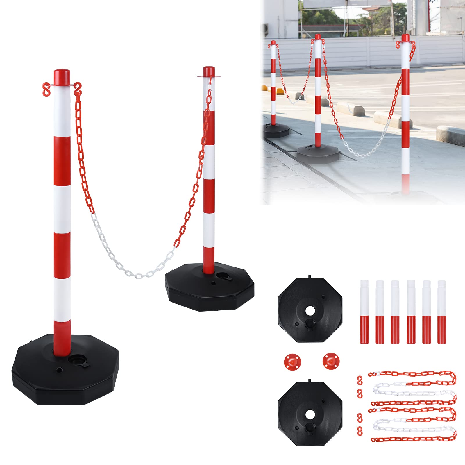LARS360 Absperrpfosten mit Kette, 82 x 28 x 28 cm Kettenpfosten aus Kunststoff für die Verkehrskontrolle oder Warnung an der Auffahrt, Garage, Rot-weiß (2er Pack)