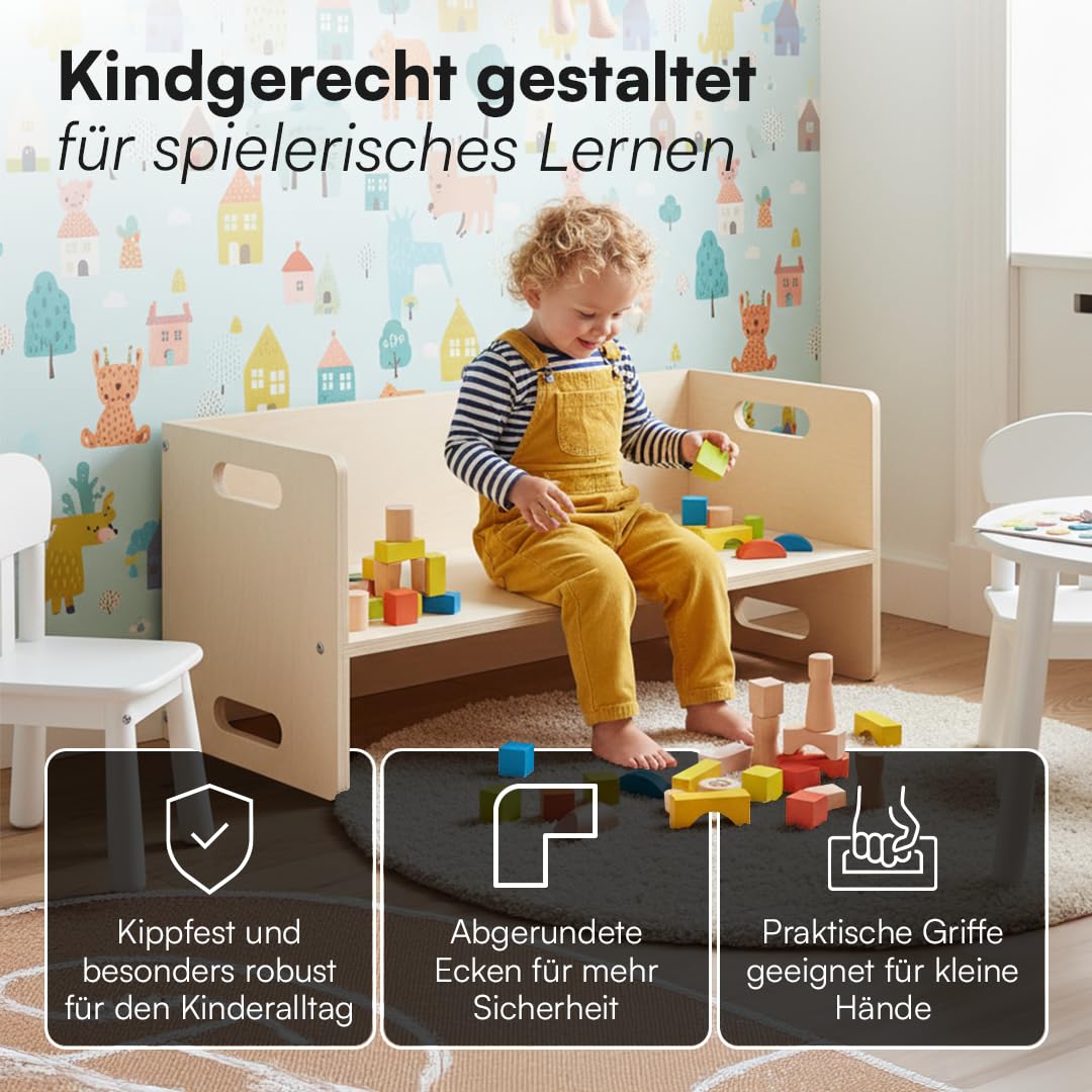 Bellabino Aki Kindersitzbank - 2in1 Kinderbank/Kindertisch aus Holz Natur - Montessori Wendebank für Kinderzimmer - multifunktionaler Kinderhocker mit 3 Sitzhöhen aus Birke - Hocker 80 x 35 x 35 cm