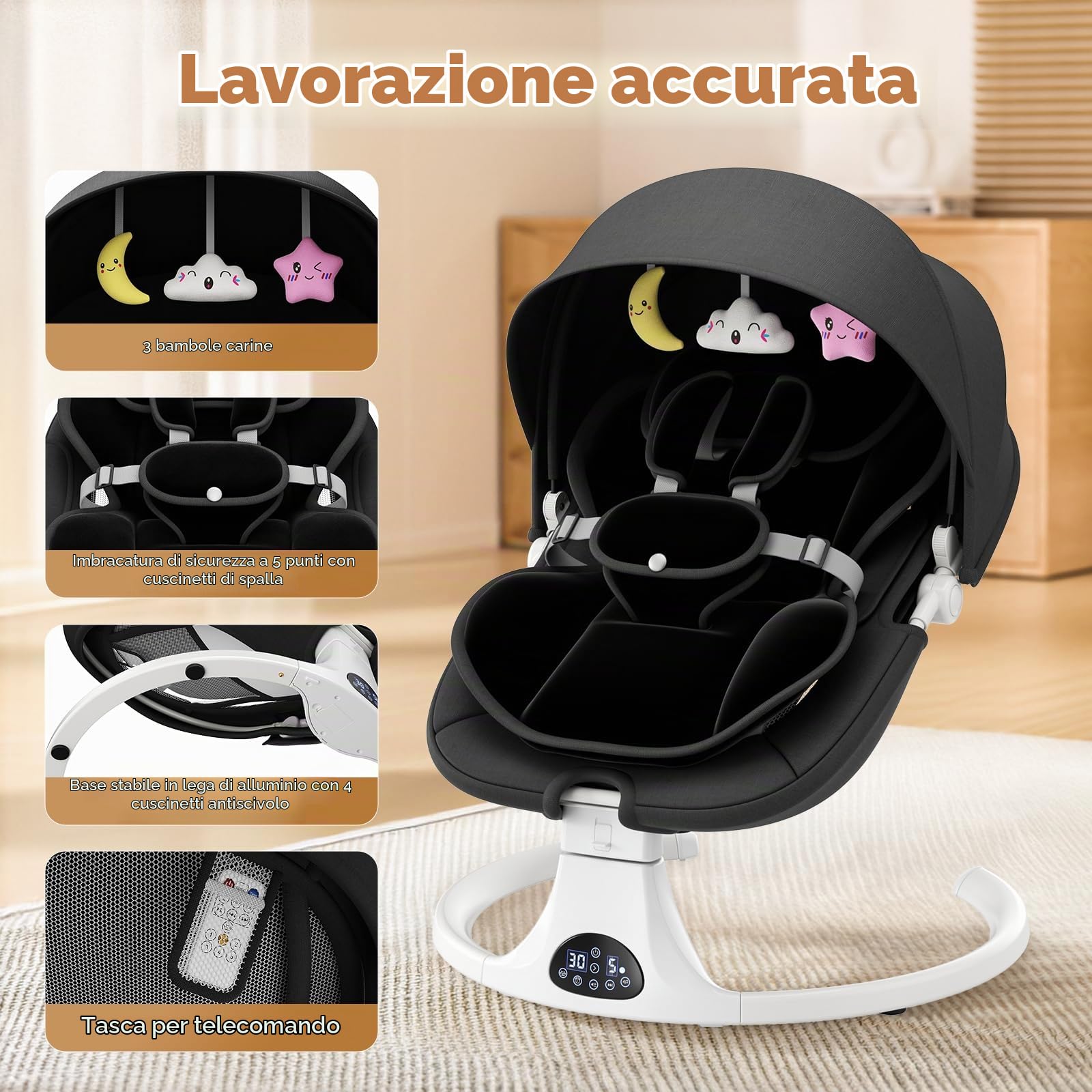 Sdraietta Neonati Elettrica, Dondolo Automatico con Schienale 3 Posizioni | 5 velocità, 12 melodie rilassanti, timer 8/15/30 min, telecomando, cuscino rimovibile, 3 alimentazioni