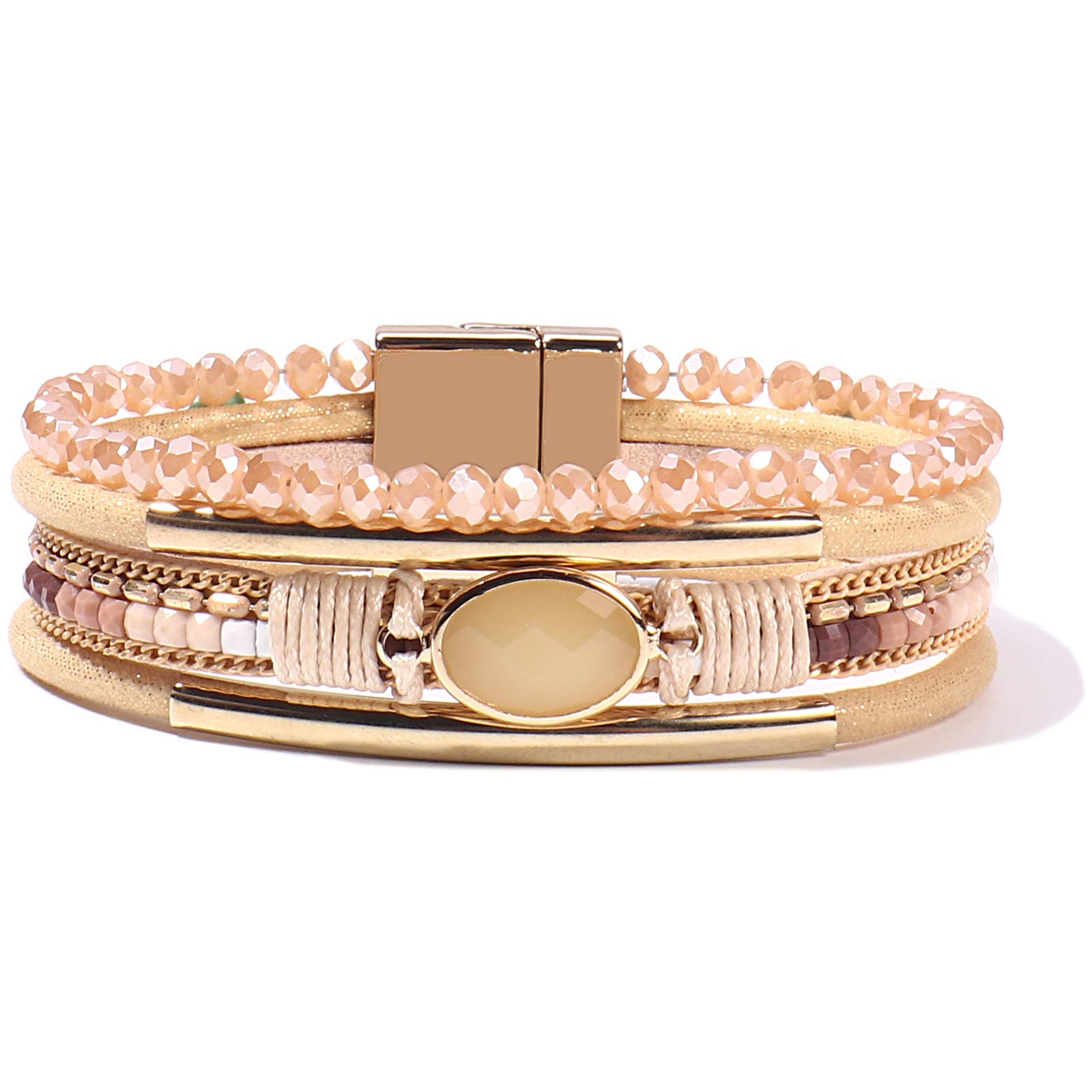 Leather Wrap Bracelets Crystal Beads Bracelet Boho Cuff Stone Charm Bracelets with Clasp Costume Jewelry for Women Stocking Stuffers Christmas Gifts