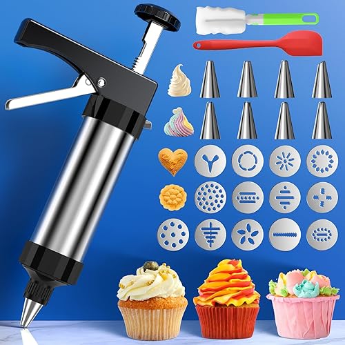 Stainless Steel Cookie Press, Kitchen Baking Set with 13 Discs & 8 Icing Nozzles for Effortless Cookie Creation & Decoration