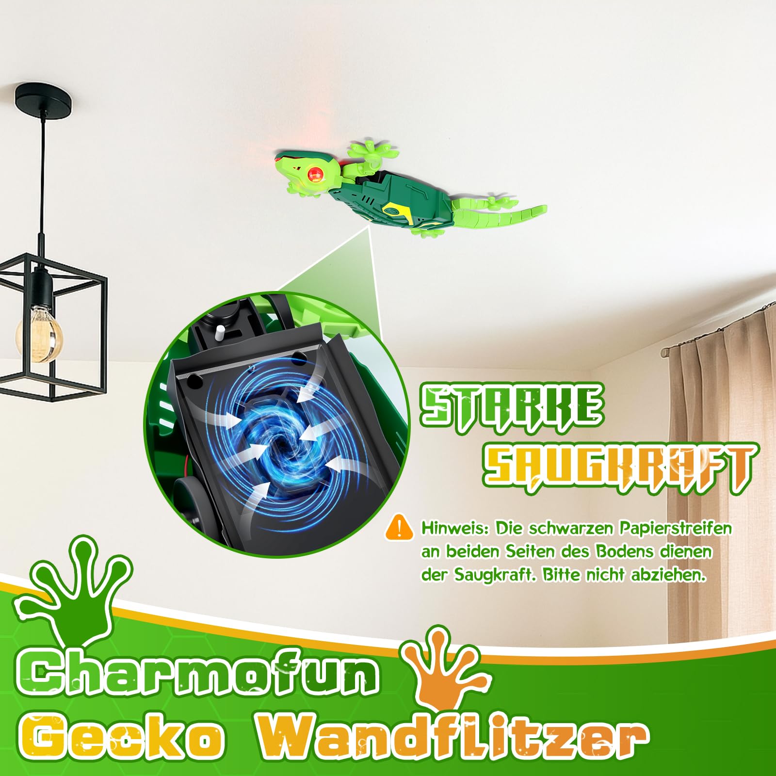 Charmofun Gecko Wandflitzer, Ferngesteuerter Gecko an der Wand Spielzeug, Mit Leuchtenden Led-Augen, Realistische Bewegungen, Interaktives Roboter Spielzeug für Kinder ab 3 Jahren (Grün)