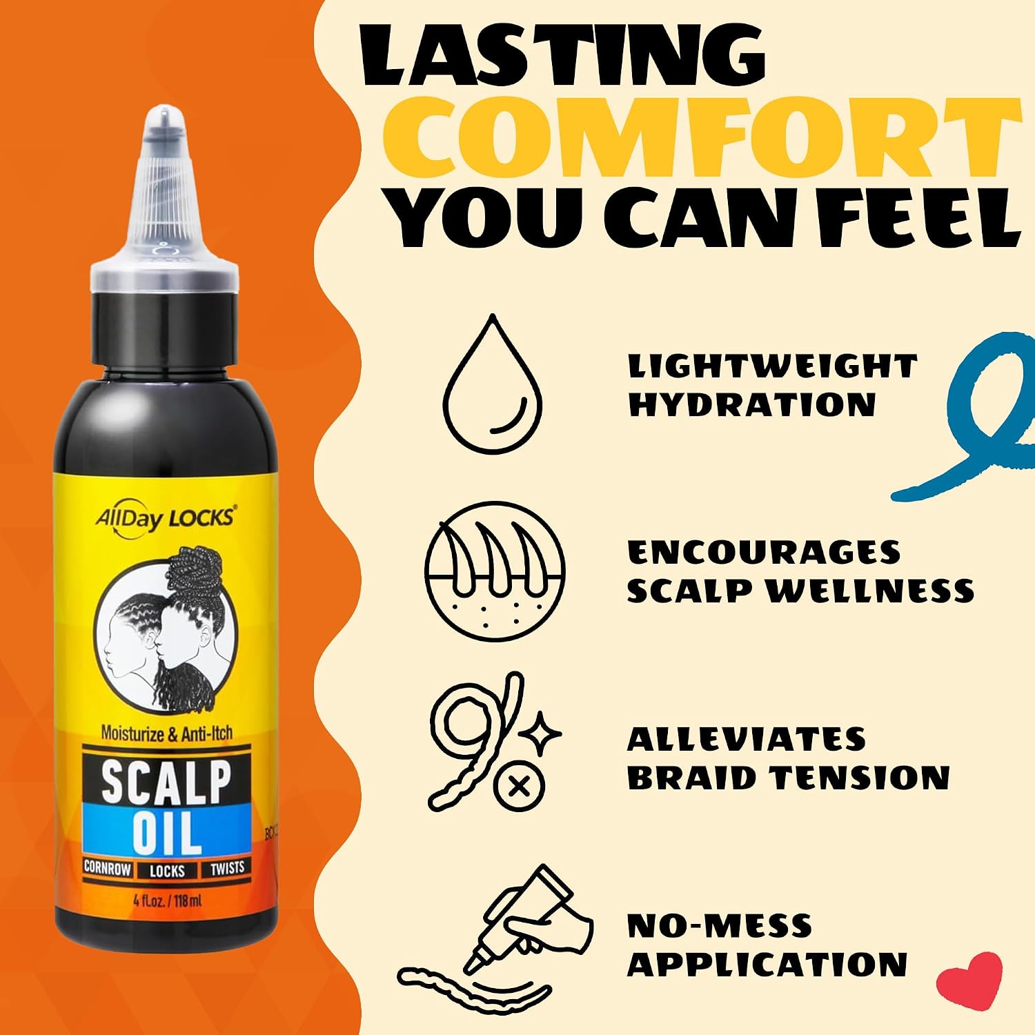 AllDay Locks Scalp Oil - Scalp Moisturizer for Braid & Hair Care, for Men and Women, Moisturizing and Strengthening Treatment, Oil for Dryness and Tension Relief - 4 oz Bottle