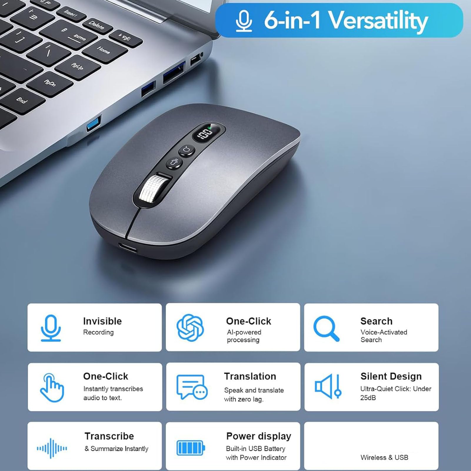 Sxhlseller AI Voice Mouse, 120 Sprachen Echtzeitübersetzer mit Spracheingabe 400 Wörter Pro Minute für Laptop Desktop Tablet, Kabelgebundenes Bluetooth 2,4 G (Black)