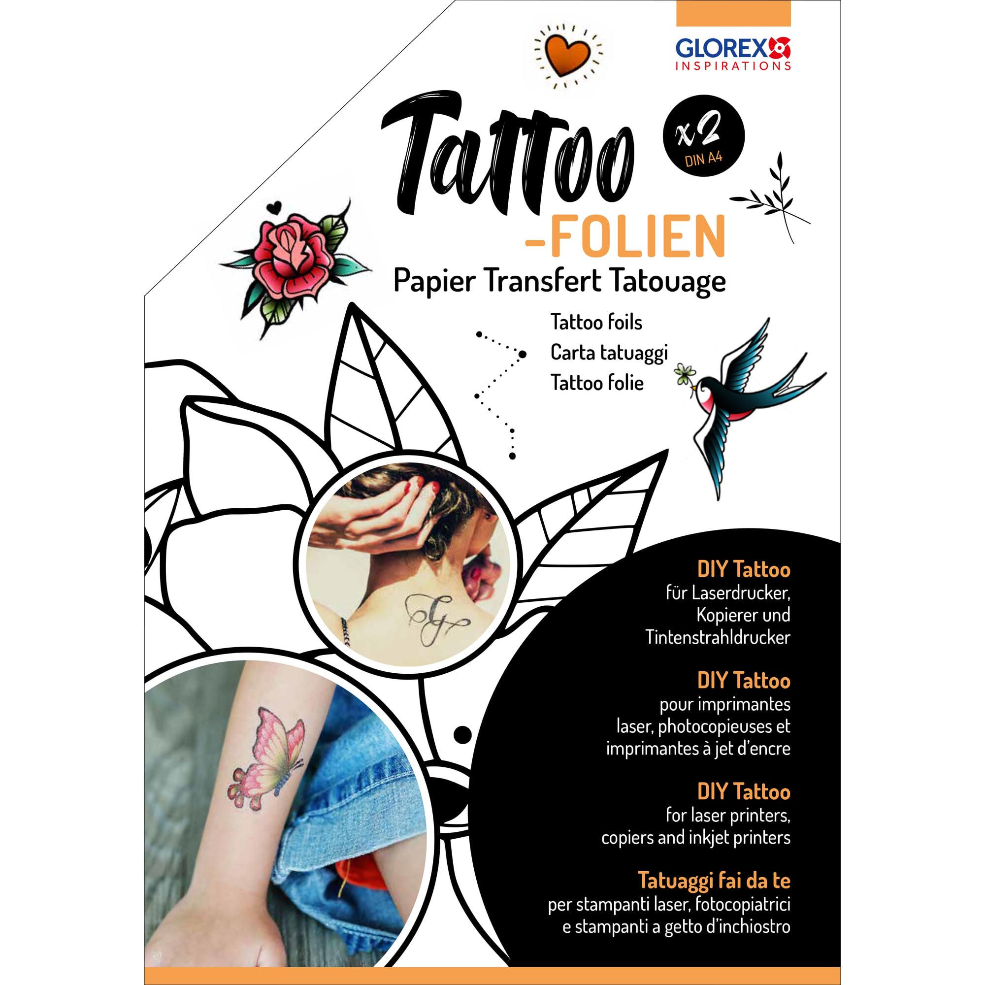 Glorex 6 1241 600 Tattoo Transfer Paper for Laser Printers, Copiers and Inkjet Printers, A4, Pack of 2, White