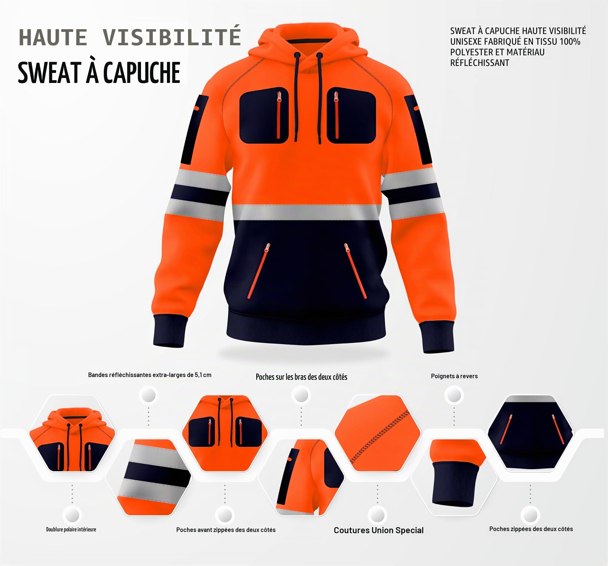 TORO ACTIVA Sweat à capuche haute visibilité pour homme avec bande réfléchissante haute visibilité et plusieurs poches zippées S-2XL