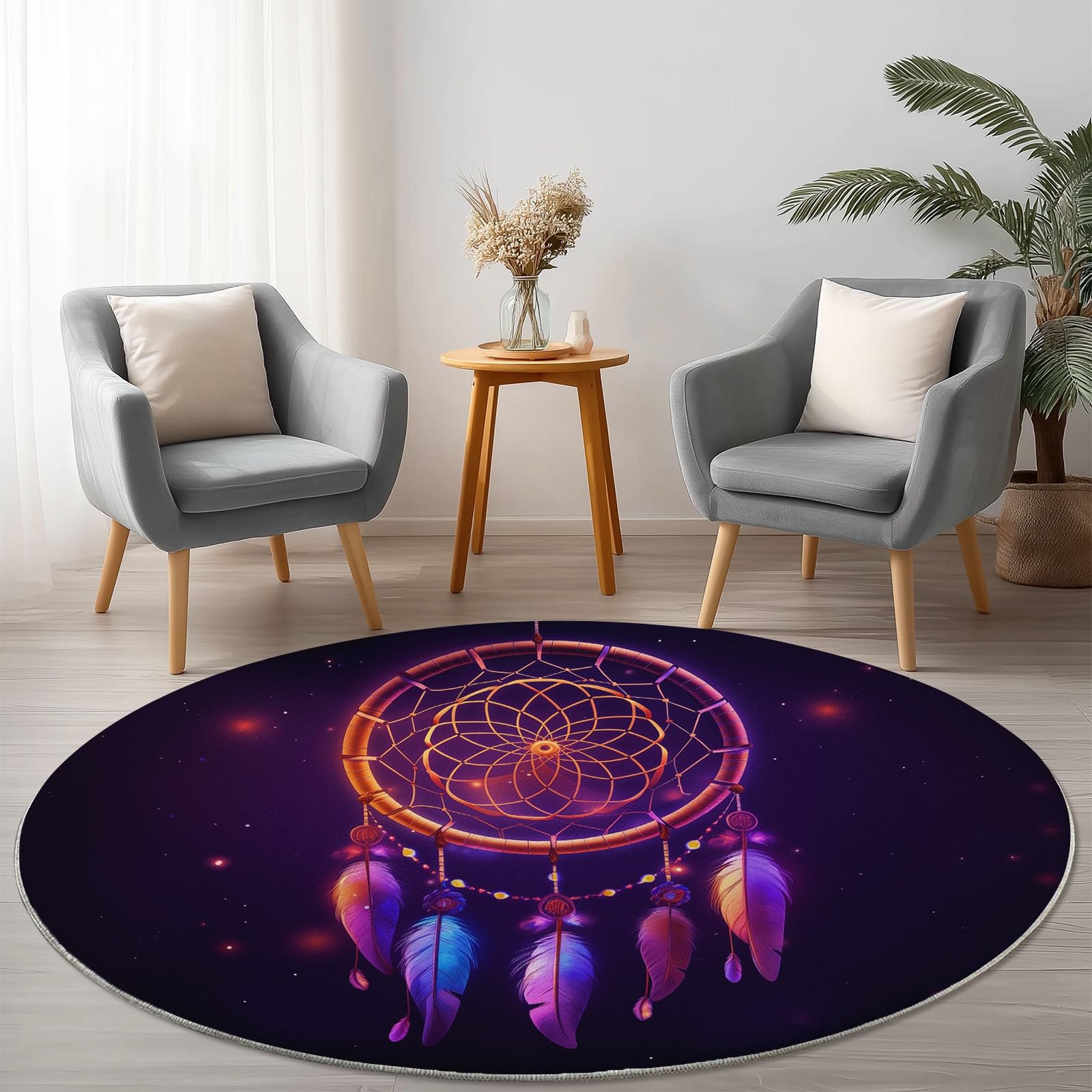 Flauschiger Teppich Rund 140 cm Kinderzimmer | Traumfänger Federn Design Bunt | Weicher Plüschteppich Waschbar & rutschfest | Moderner Spielteppich & Dekorative Bodenmatte Wohnzimmer