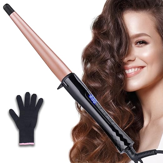 Rizador de Pelo Conico Profesional, YEAHTOP Tenacilla Cónica de 13-25mm para Crear Rizos Grandes y Ondas Naturales, Temperatura hasta 230°C, Pantalla Digital, Punta Fría, Calentamiento 30s,con Guante