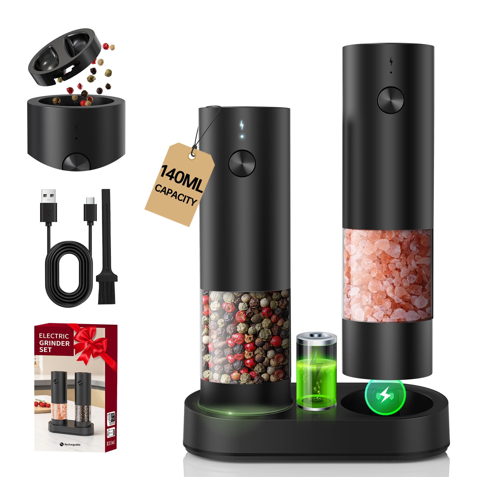 CIRCLE JOY Electric Salt and Pepper Grinder Set with Charging Base