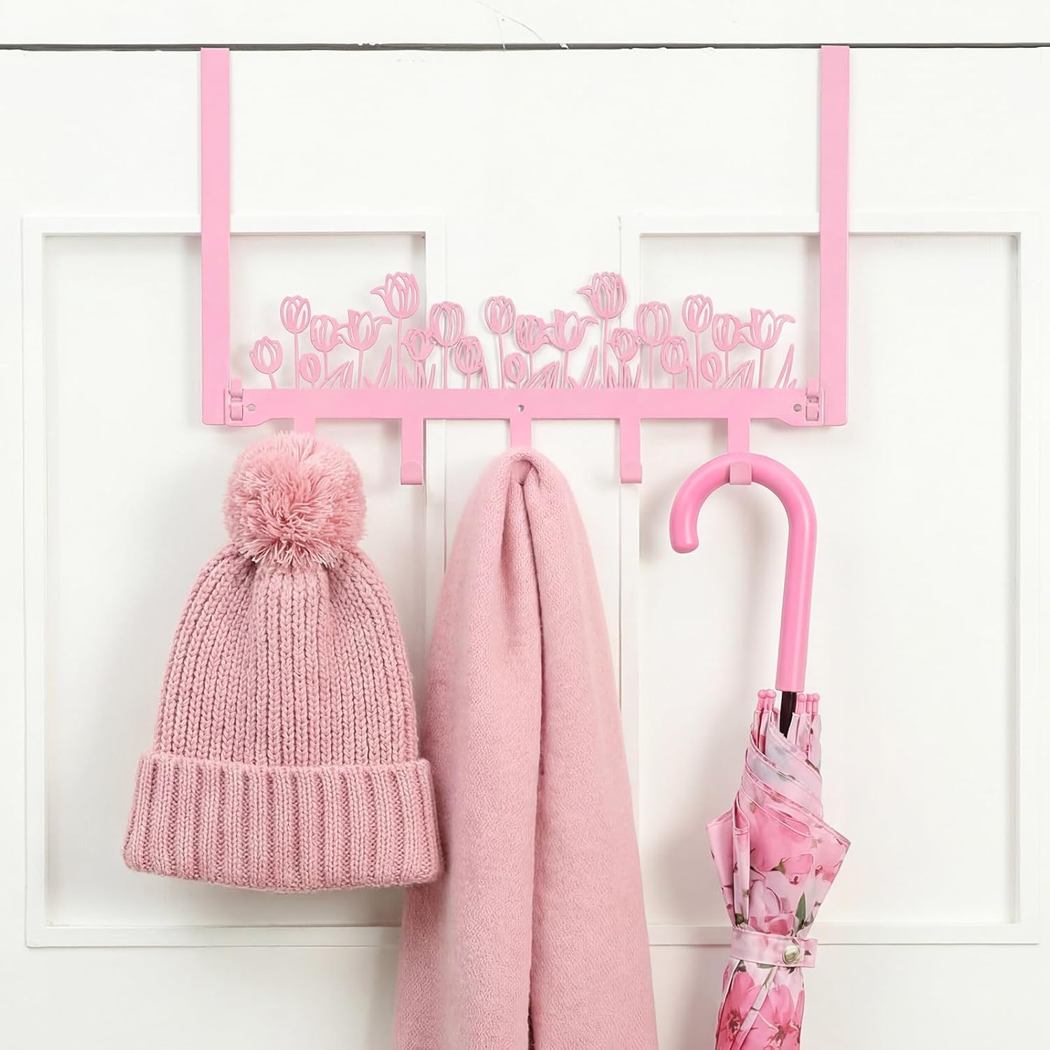 AceOrbit Pink Tulip Over The Door Hooks Wall Mount Towel Hanger Cute Door Holder Rack with 5 Hooks Hanging Towel, Coat Keys, Bags, Hats, Clothes for Bedroom Bathroom Kitchen Dorm Room Organizer image 3