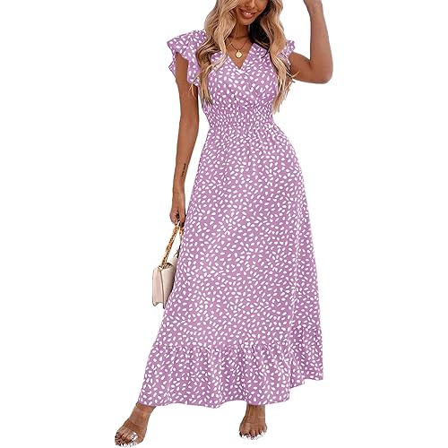 LYANER Women's Floral Print V Neck Ruffle Cap Sleeve Ruffle Hem Flowy Midi Dress