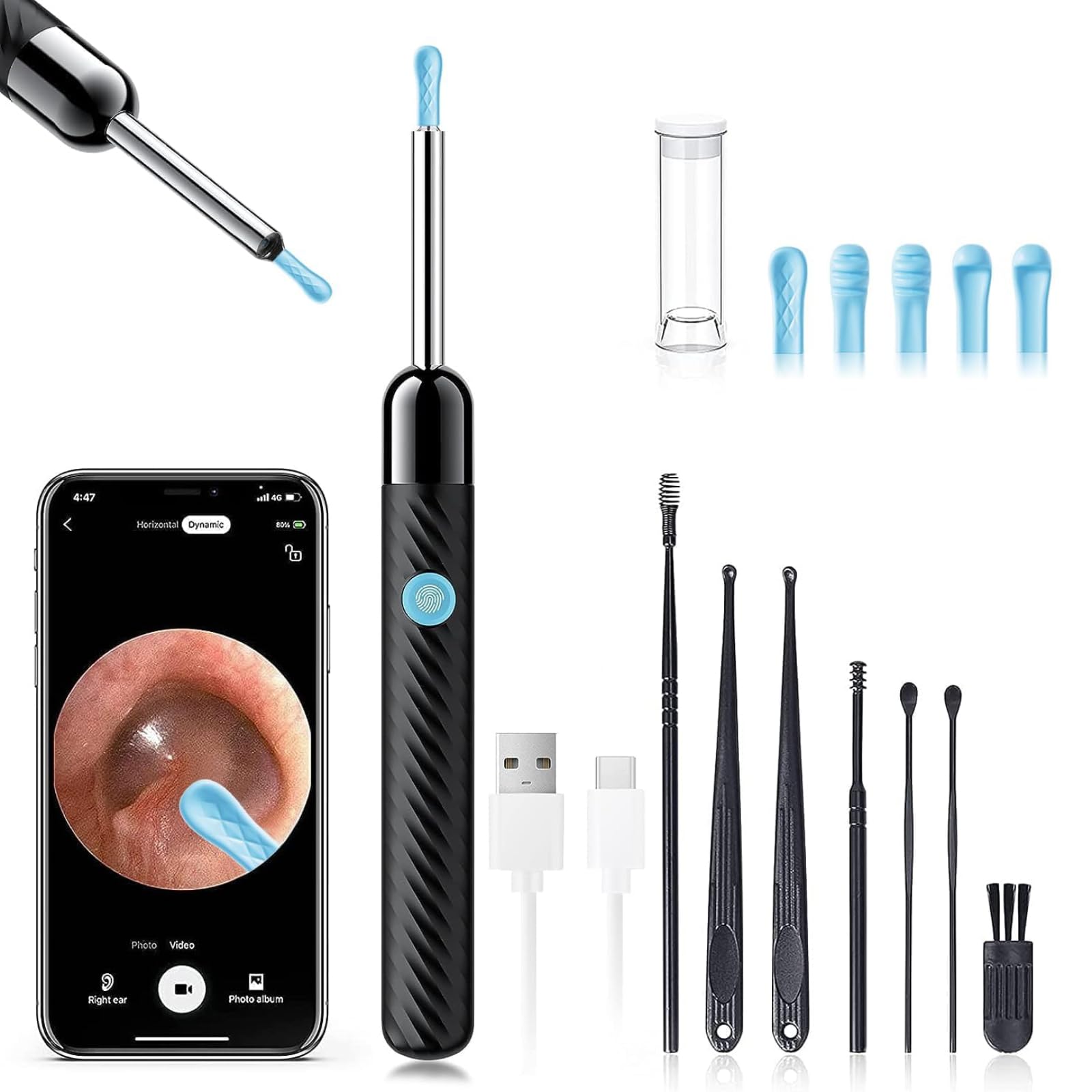 Ear Wax Removal - Earwax Remover Tool with 8 Pcs Ear Set - Ear Canal Cleaner with 1080P Camera - FSA HSA Eligible - Ear Cleaning Kit with 6 Ear Spoon - Ear Camera for iOS & Android (Black)Global Recycled StandardGlobal Recycled StandardGlobal Recycled Standard
